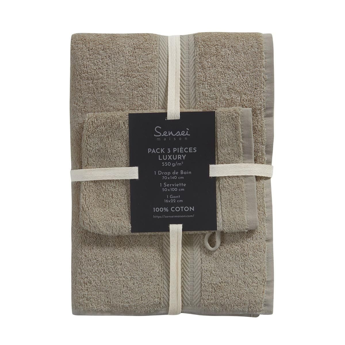 Sensei Maison Ensemble de bain 3 pièces (1 drap de bain + 1 serviette de toilette + 1 gant) LUXURY