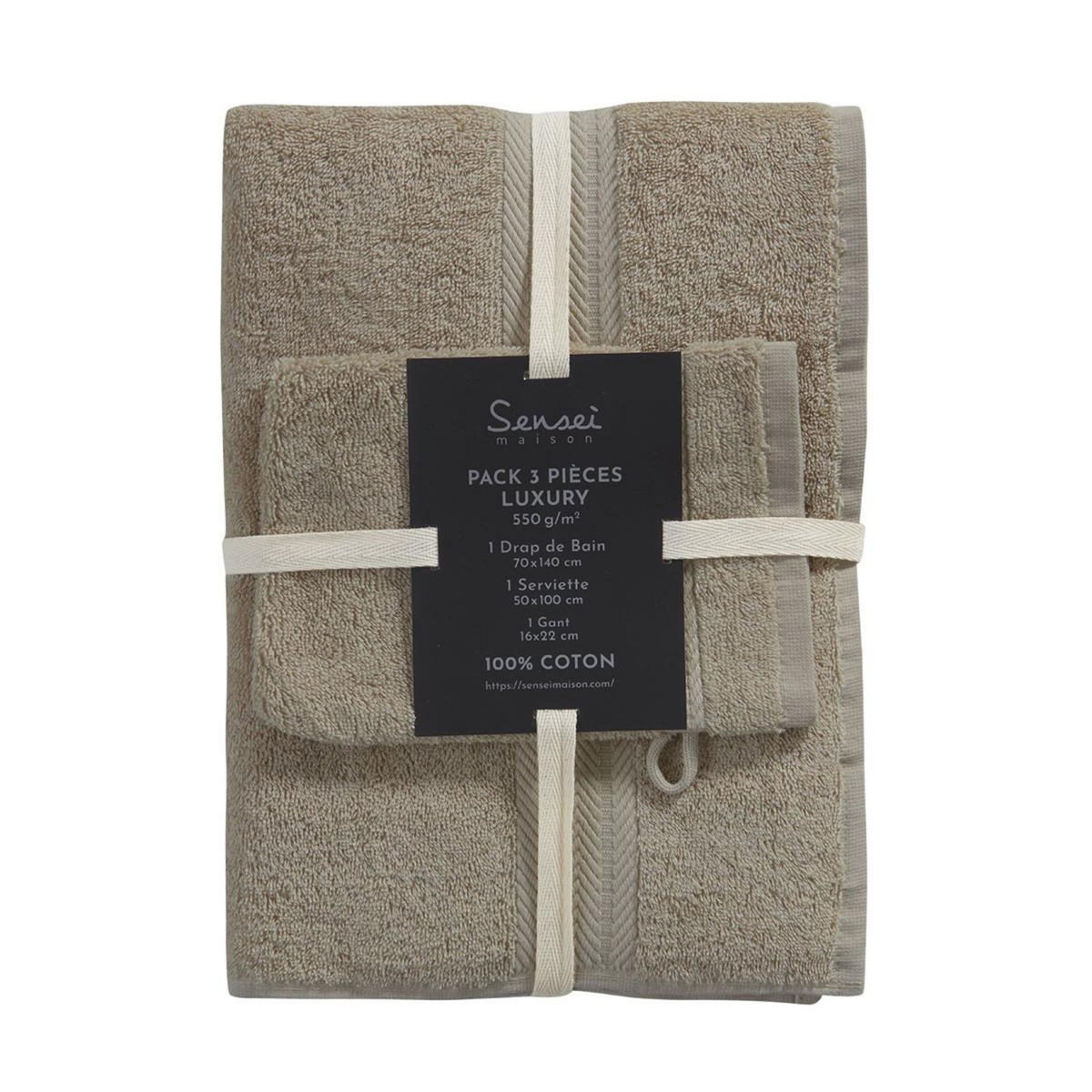 Sensei Maison Ensemble de bain 3 pièces (1 drap de bain + 1 serviette de toilette + 1 gant) LUXURY