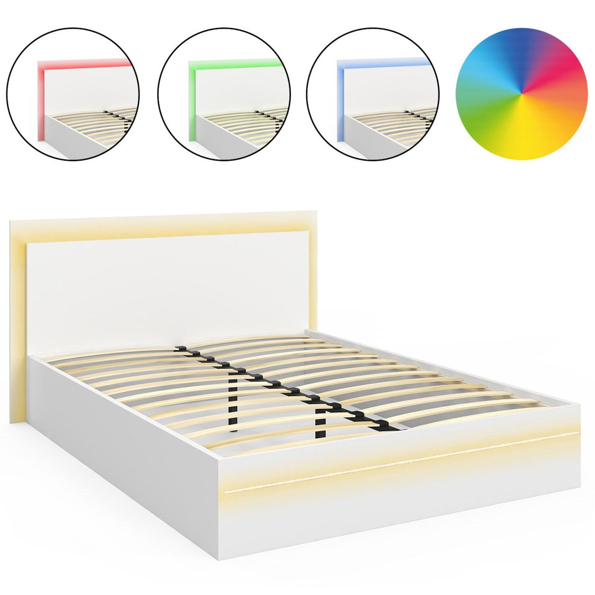 ID MARKET Lit double CHARLIE 140 x 190 cm avec sommier et LED intégrées blanc