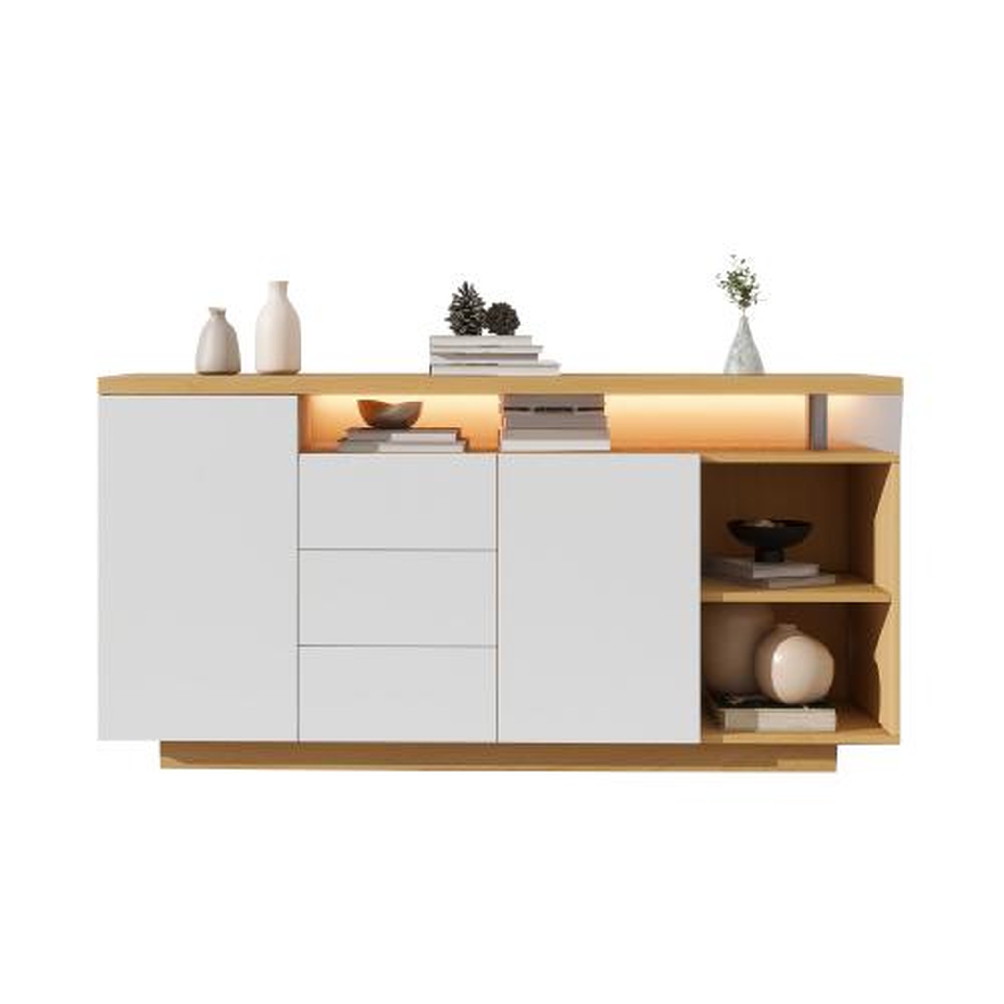 MERAX Buffet 2 porte(s) 3 tiroir(s) - 140 cm naturel+blanc led panneau de particules