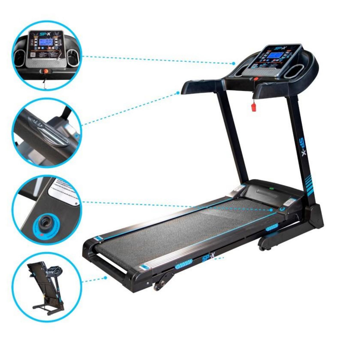 SPARRAW Tapis de course Pliable SPX -14km/h - 2,0 Cv - 12 Programmes, Inclinaison, Capteurs Pouls, Ecran LCD et Haut-Parleurs