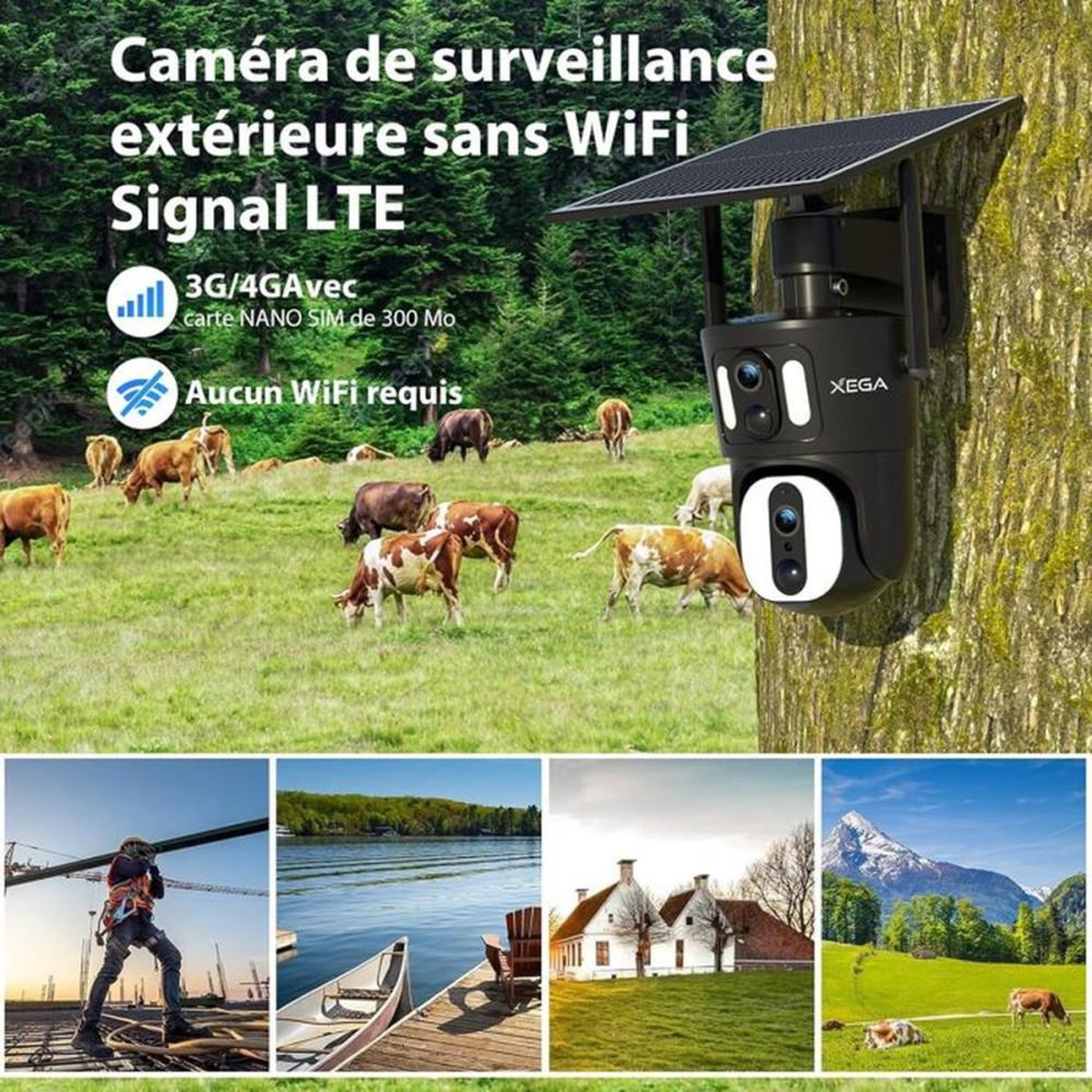 Voir la diapositive 2 : Caméra de surveillance extérieure 4G LTE solaire PTZ double objectif noire XEGA