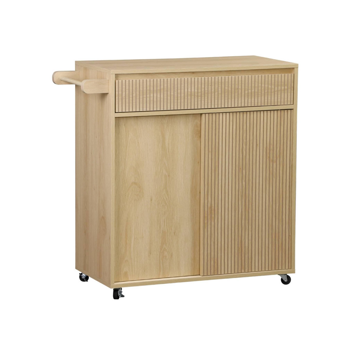 SWEEEK Desserte de cuisine LINEAR décor bois 1 poignée 1 tiroir 2 portes 4 roues. Naturel