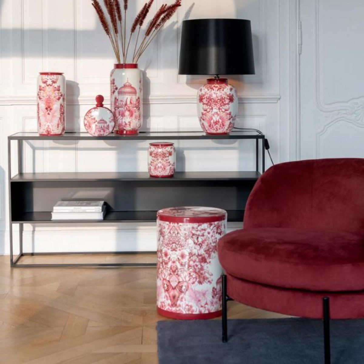 Paris Prix Vase en Porcelaine  Moriko  40cm Rouge & Blanc