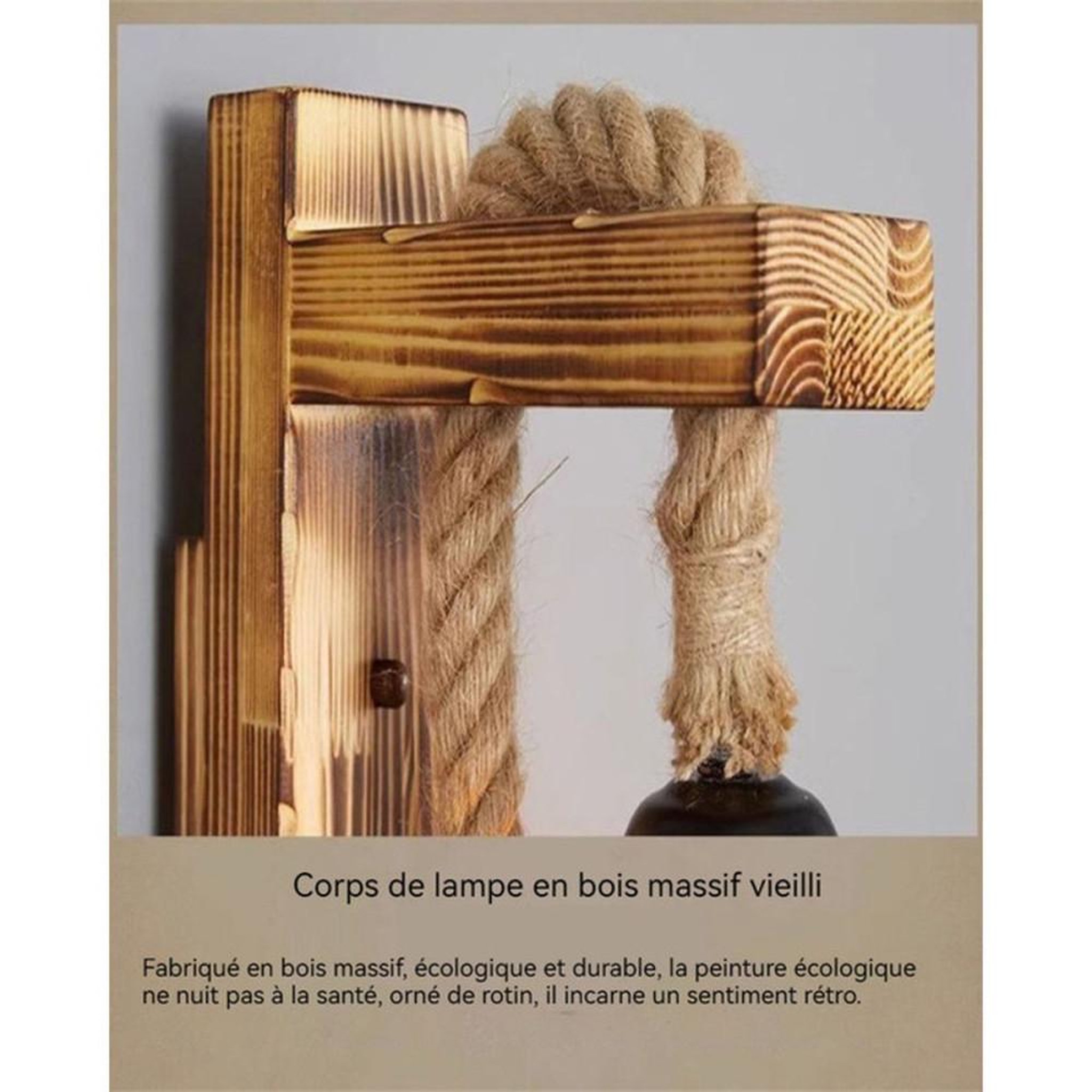 Voir la diapositive 3 : Applique murale rétro en bois de pin massif et corde de chanvre tressée, abat-jour grille métal noir, culot E27