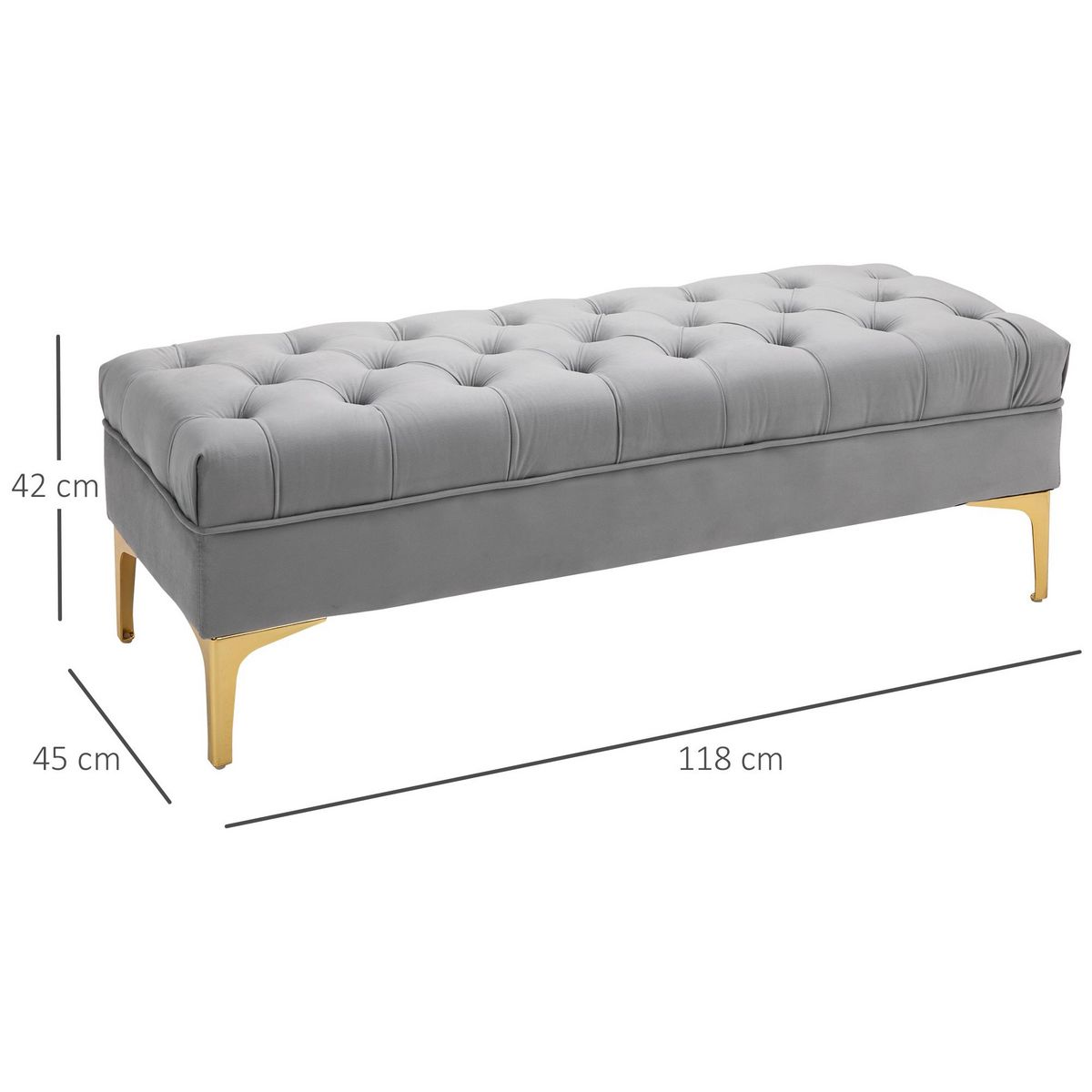 HOMCOM Banc banquette capitonnée style classique chic dim. 118L x 45l x 42H cm piètement métal doré velours gris clair