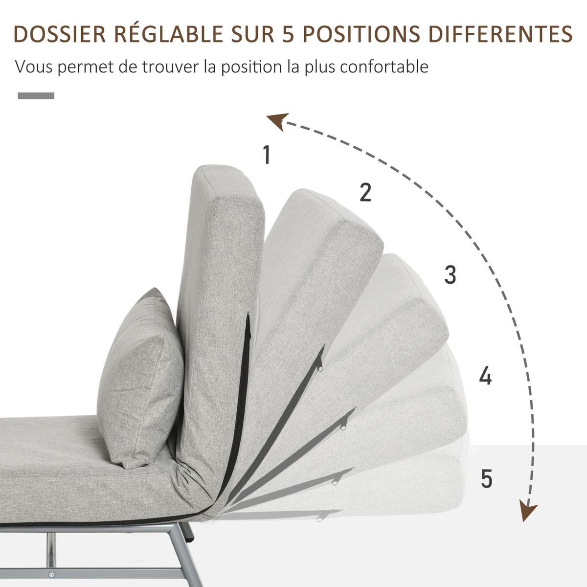 HOMCOM Fauteuil chauffeuse canapé-lit convertible inclinable 1 place grand confort coussin lombaires accoudoirs piètement métal lin gris clair