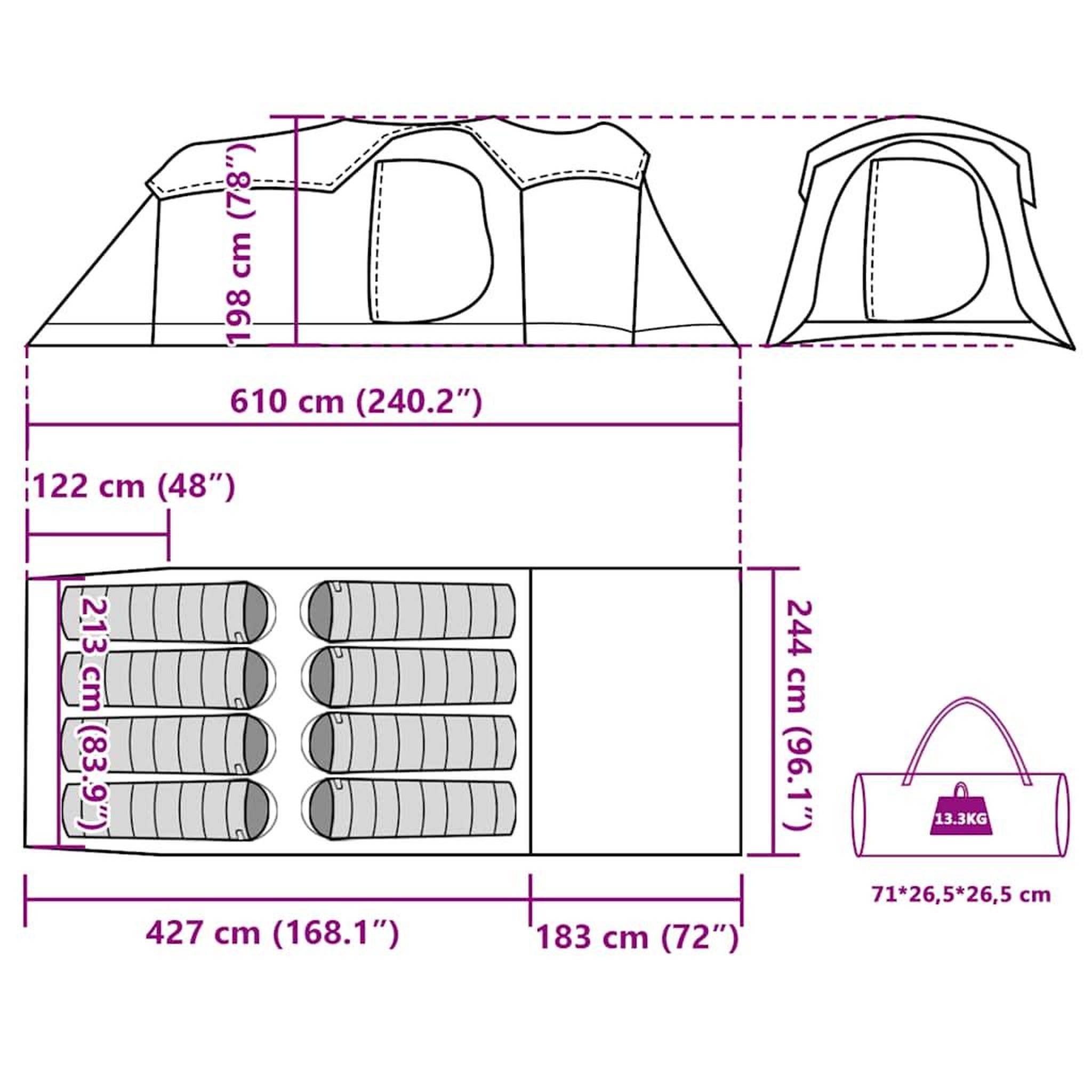 Voir la diapositive 6 : VIDAXL Tente familiale tunnel 8 personnes gris et orange impermeable