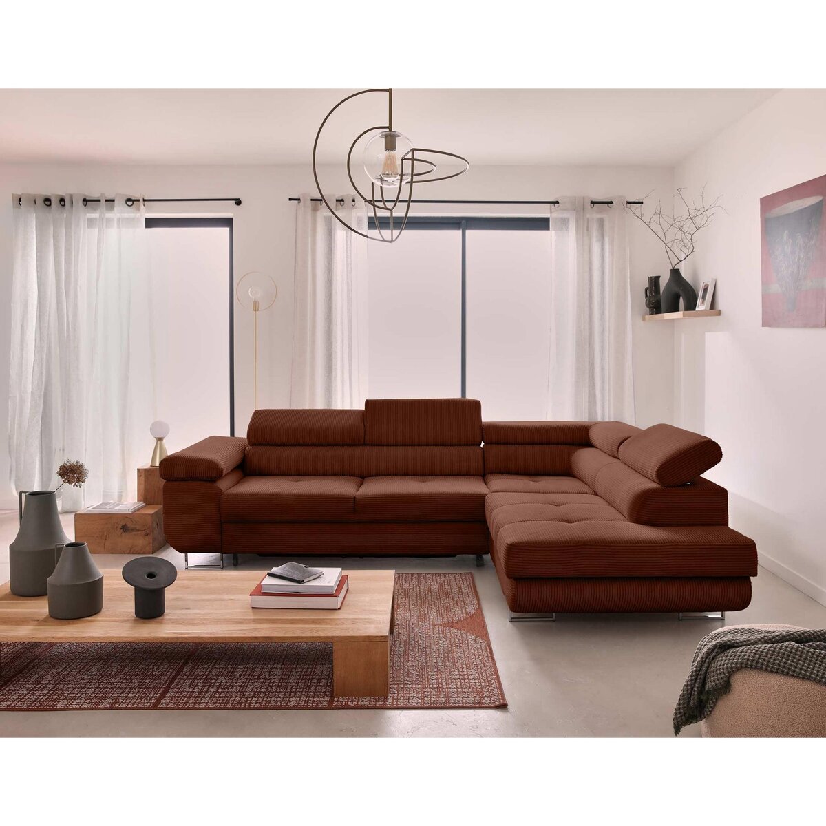 BEST MOBILIER Zaria - canapé d'angle droit - convertible avec coffre et têtières réglables - 5 places - en velours côtelé