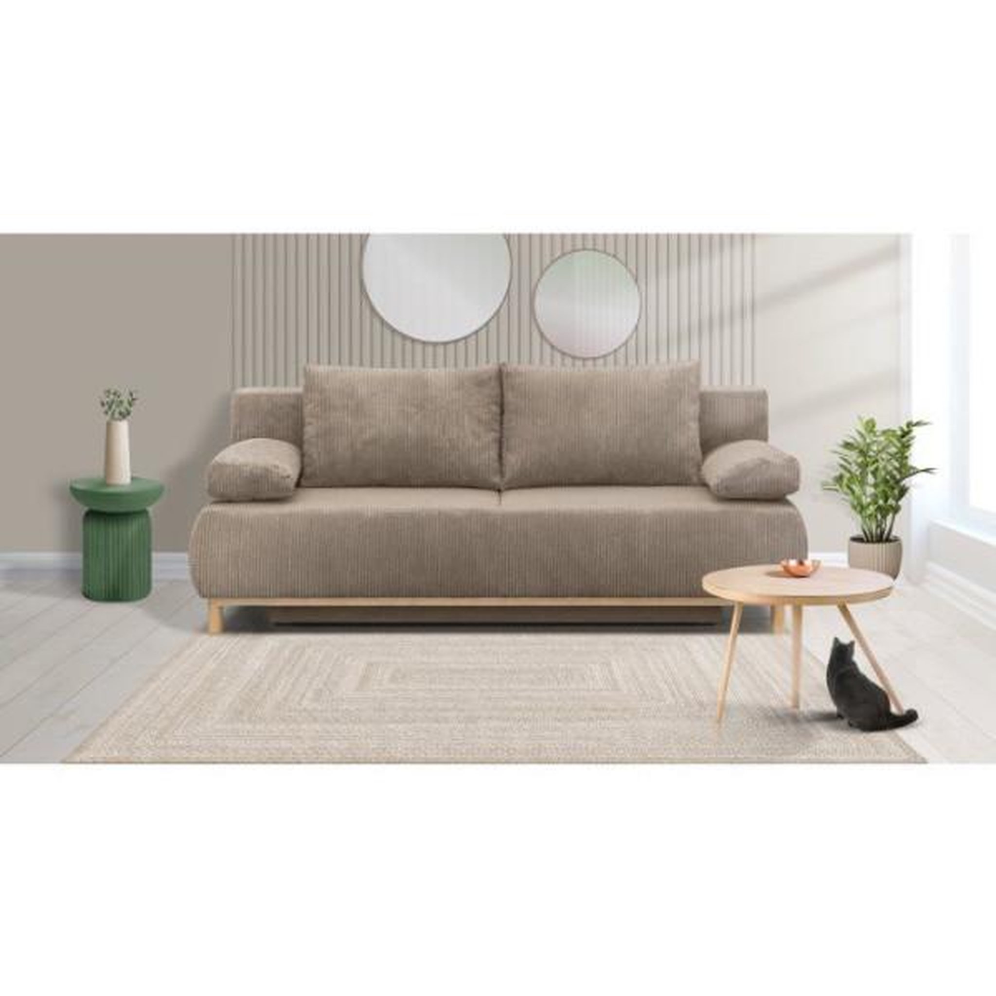 Voir la diapositive 2 : MARKET24 Banquette convertible - 3 places - MIKA - Velours côtelé Taupe - Avec coffre de rangement - 192 x 93 x 84 cm