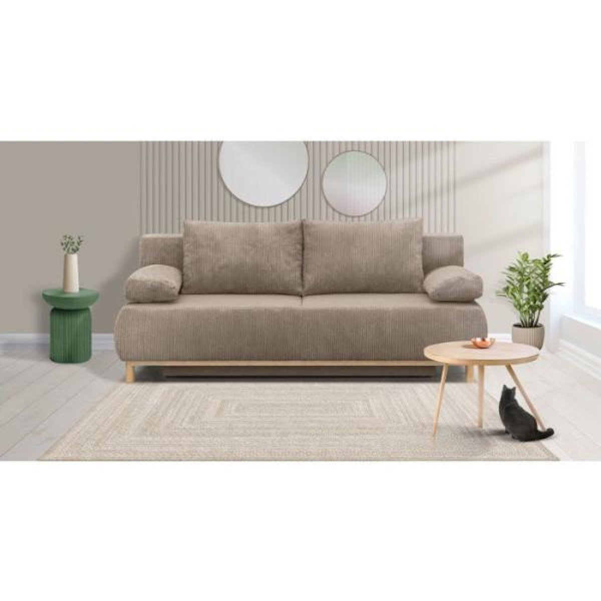 MARKET24 Banquette convertible - 3 places - MIKA - Velours côtelé Taupe - Avec coffre de rangement - 192 x 93 x 84 cm