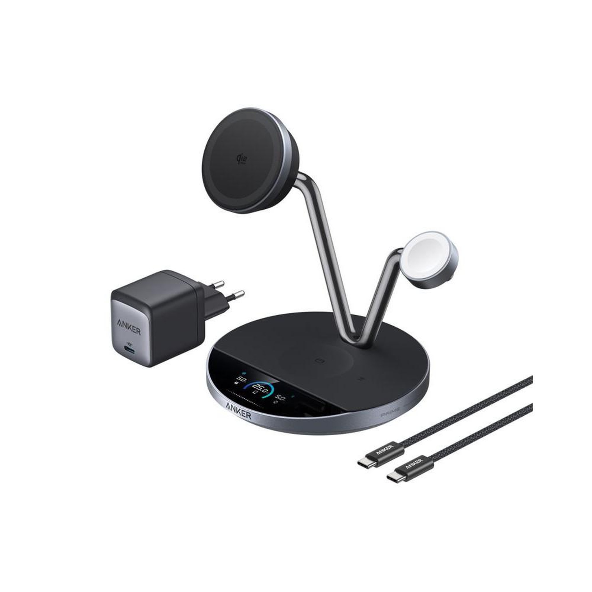 Anker Station de charge magnétique 3-en-1 qi2 25 w anker avec base sans fil et écran led noir