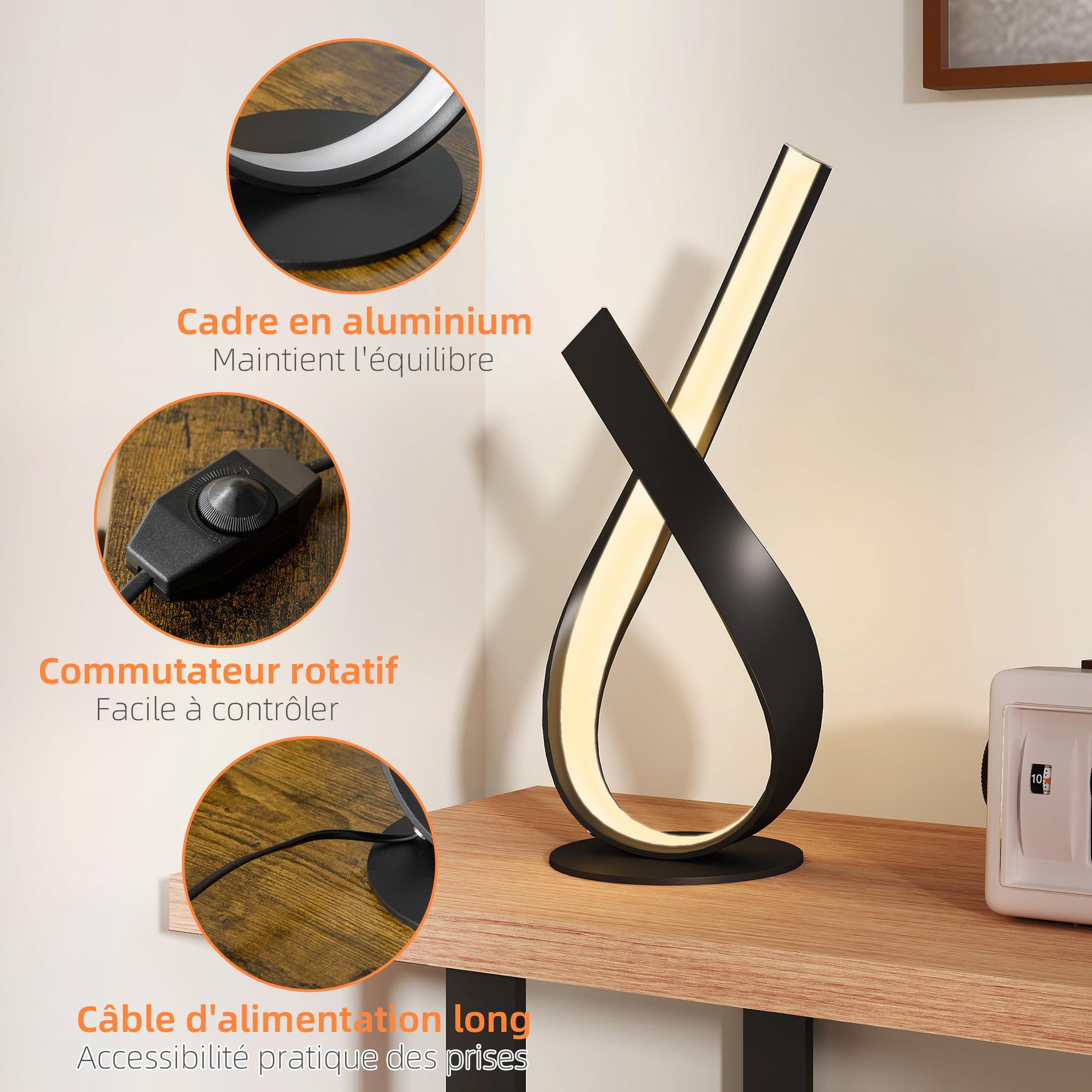 Voir la diapositive 6 : HOMCOM Lampe à poser design contemporain - lampe de table design spirale - dim. 21l x 15l x 43h cm - alu. Noir led blanc chaud