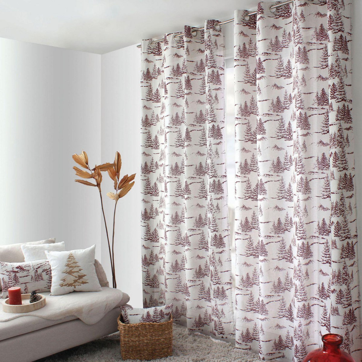 TOILINUX Rideau imprimé sapins EBENE