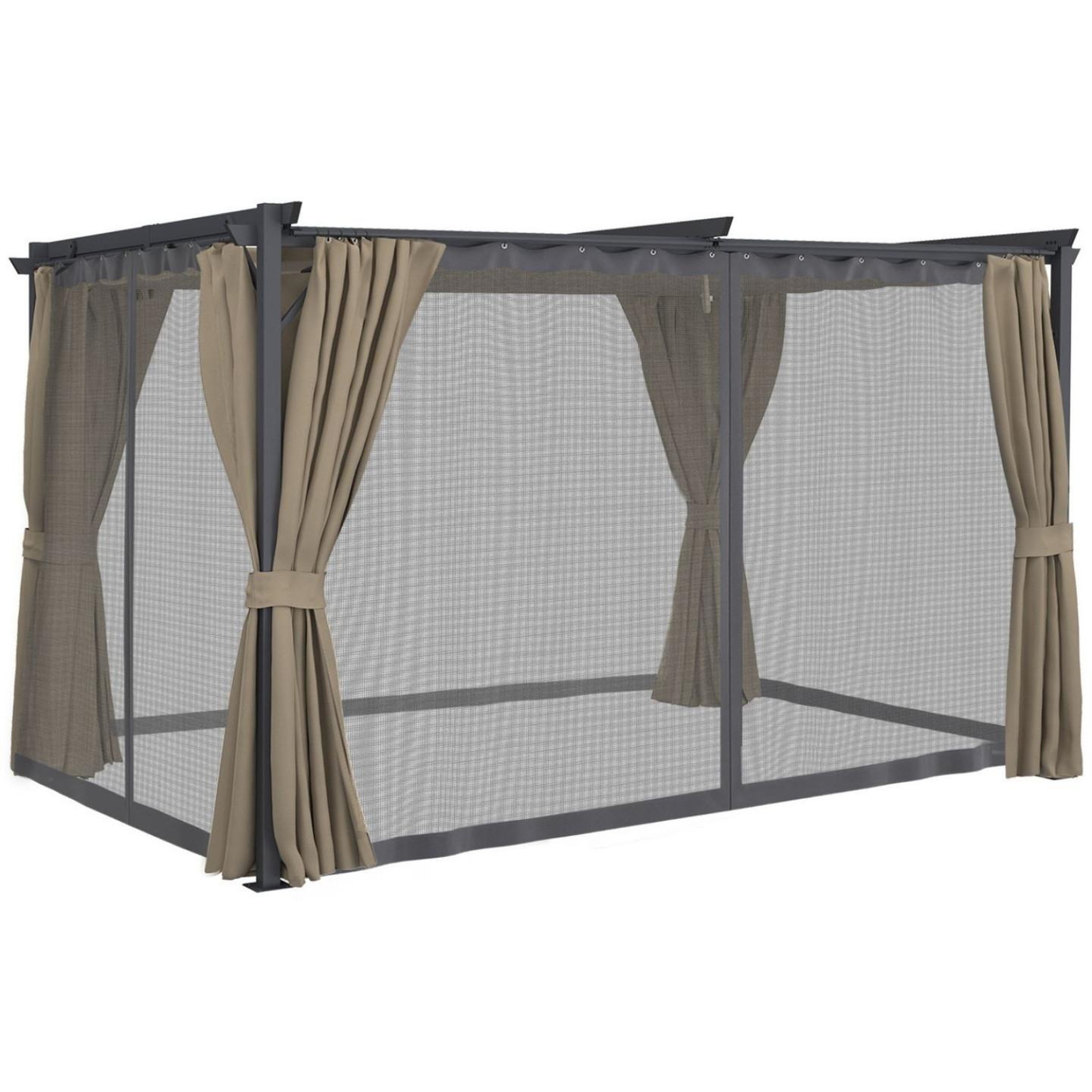 ID MARKET Pergola édition intégrale moustiquaire toit rétractable 3x4 m et 4 rideaux taupe
