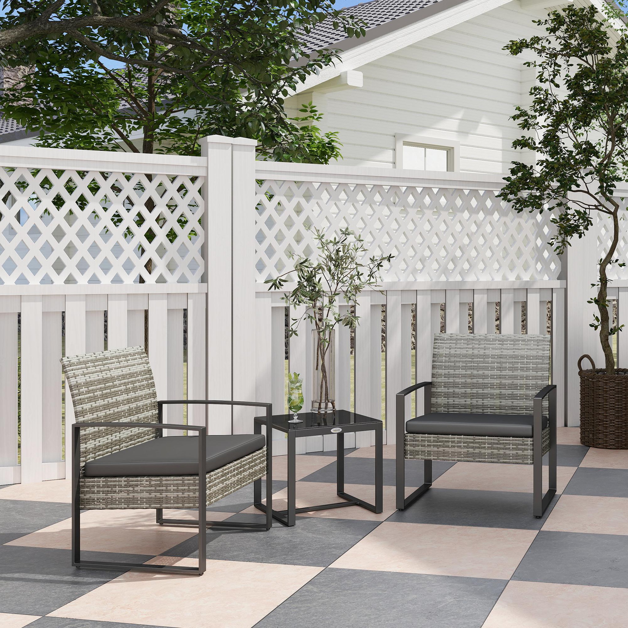 Voir la diapositive 4 : OUTSUNNY Salon de jardin 2 places 3 pièces 2 chaises avec coussins + table basse plateau verre trempé résine tressée aspect rotin gris
