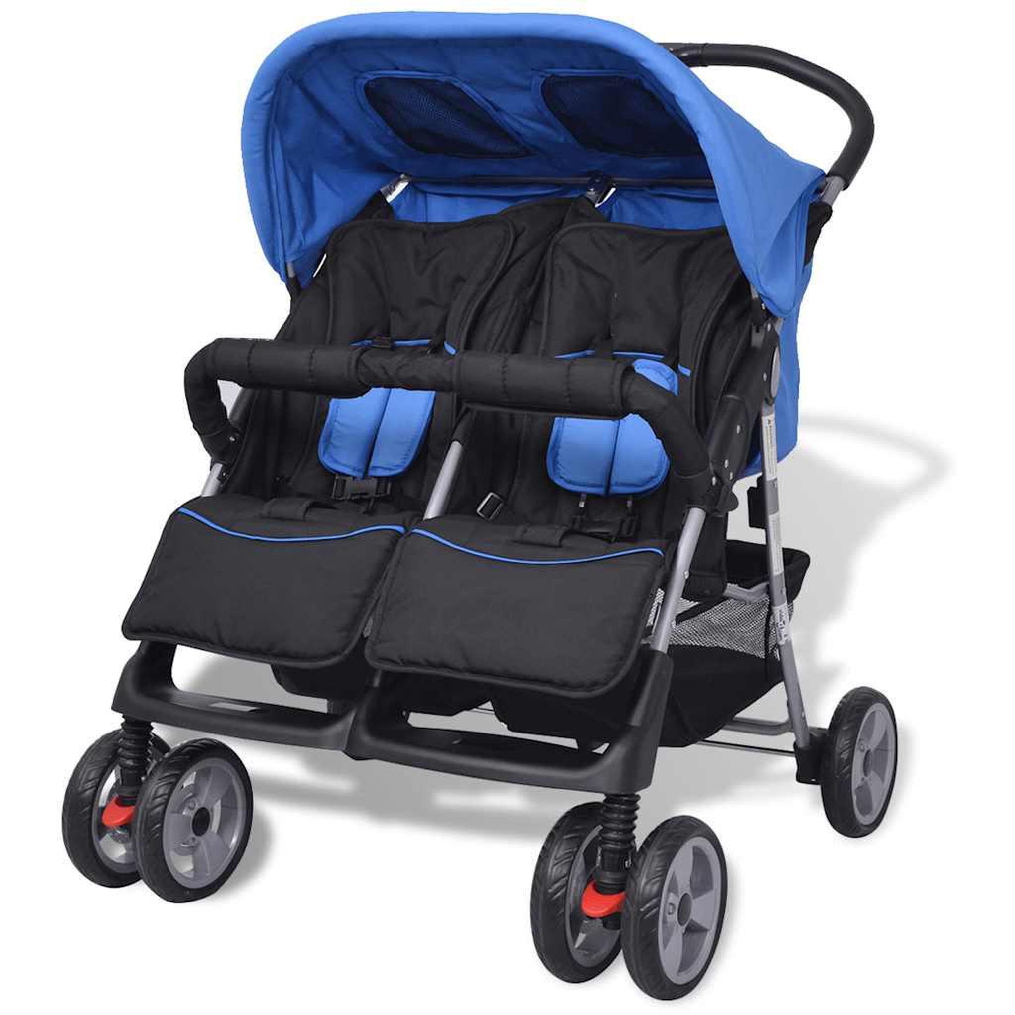 VIDAXL Poussette a deux places Acier Bleu et noir