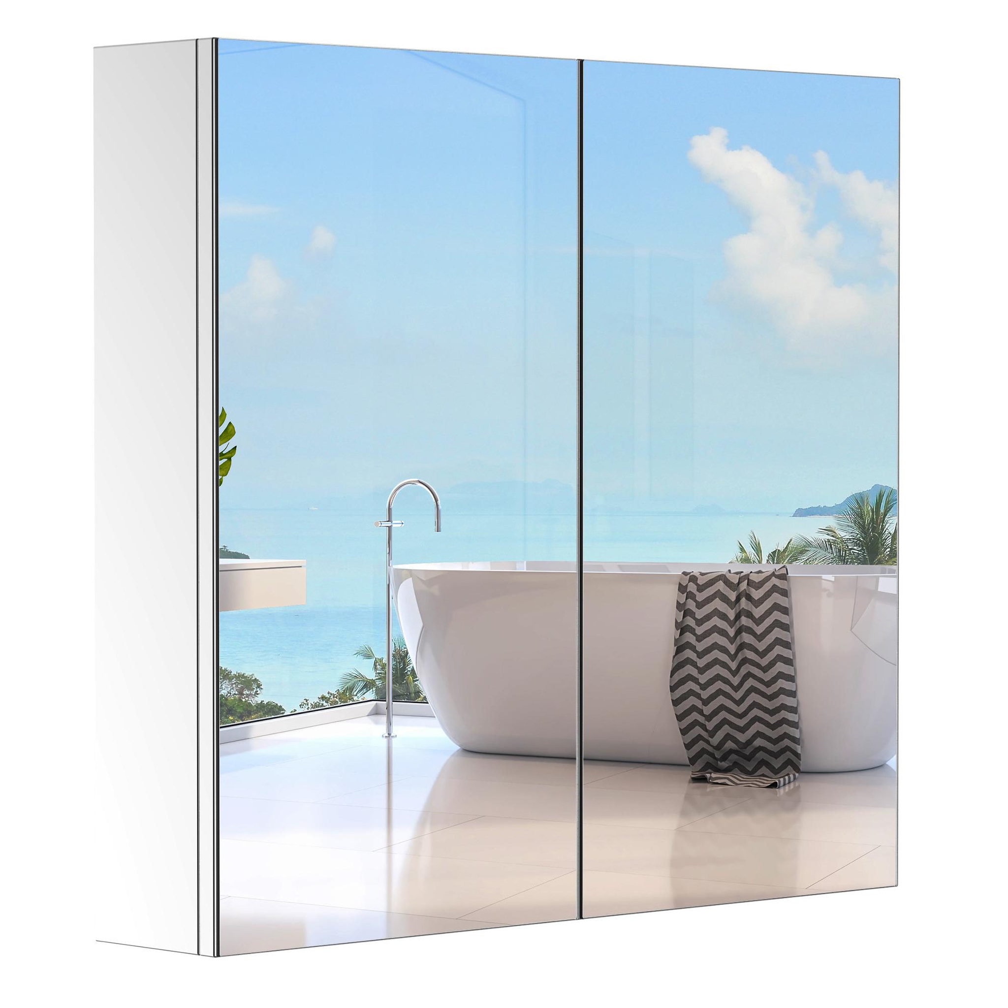 Voir la diapositive 1 : HOMCOM Armoire miroir rangement toilette salle de bain meuble mural dim. 60L x 12l x 55H cm acier inox.