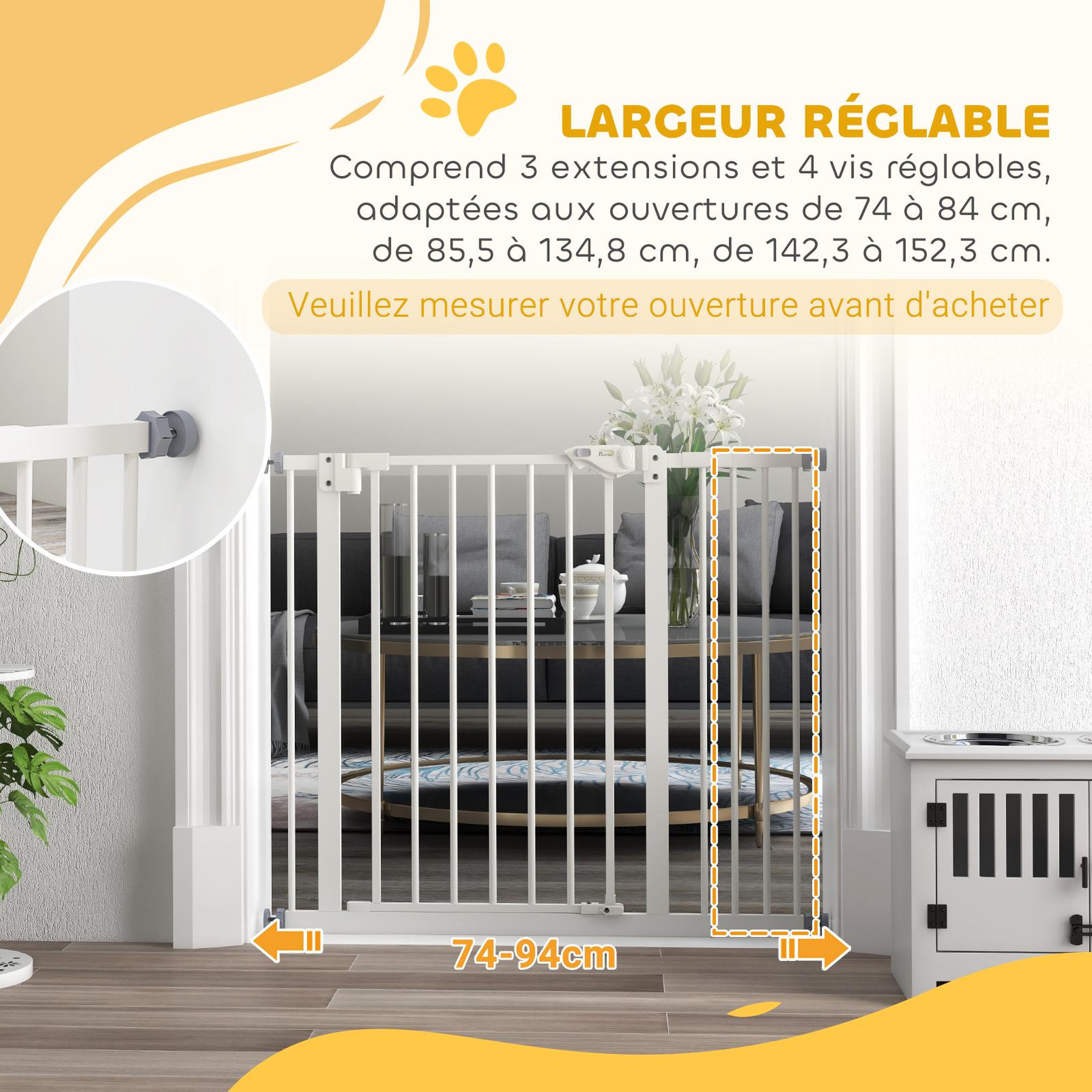Voir la diapositive 4 : PAWHUT Barrière de sécurité chien - porte double verrouillage - l.94 cm max. - sans perçage - métal blanc