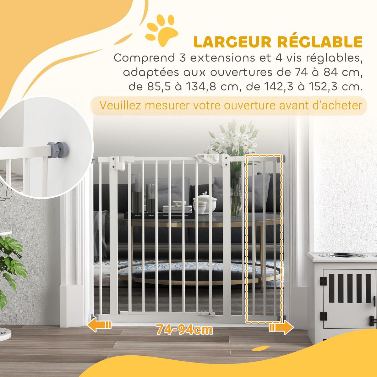 PAWHUT Barrière de sécurité chien - porte double verrouillage - L.94 cm max. - sans perçage - métal blanc