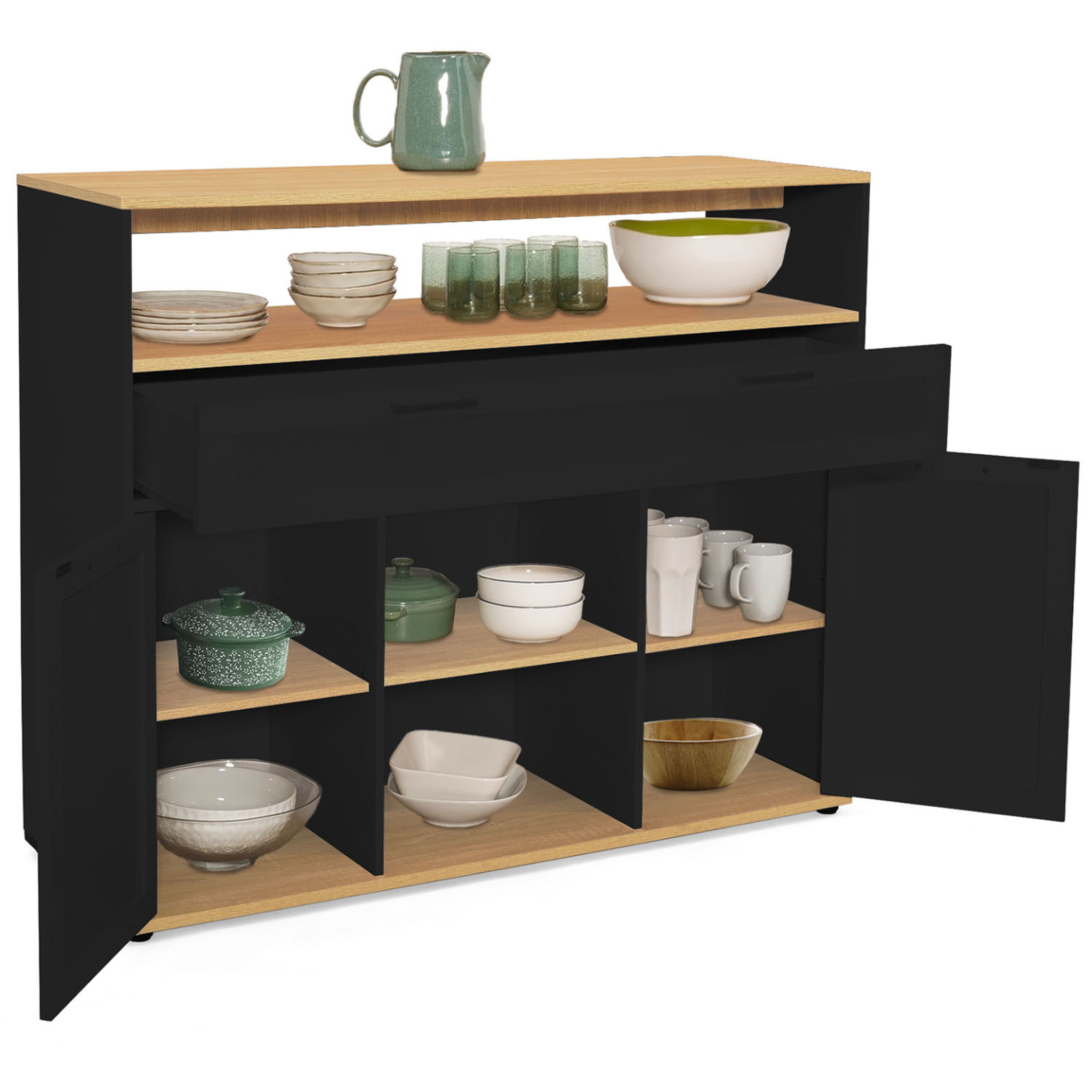 Voir la diapositive 4 : ID MARKET Meuble de bar extensible en table à manger 2 personnes vito noir et plateau bois
