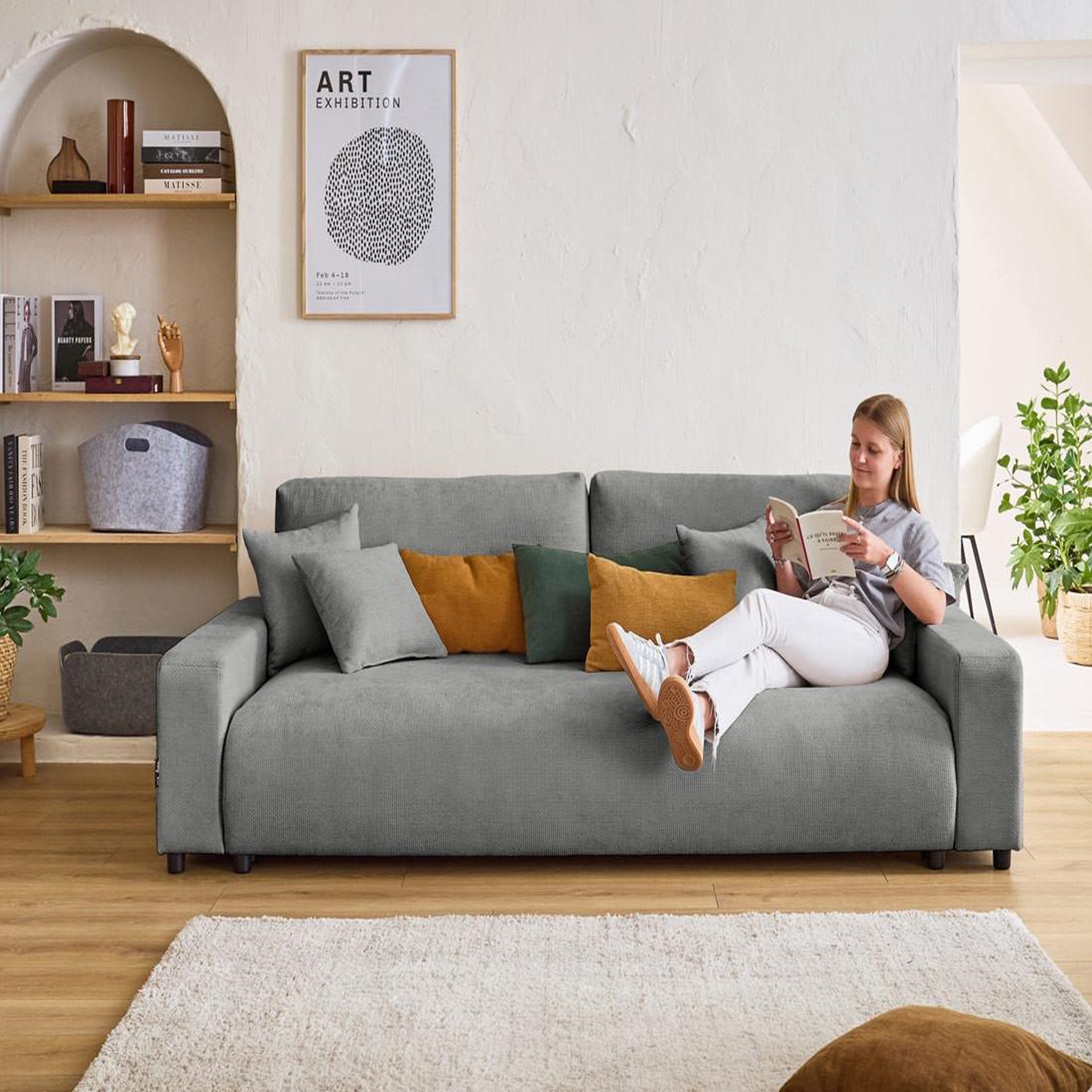Voir la diapositive 4 : BEST MOBILIER Pivoine - canapé droit 3 places - convertible avec coffre - en velours texturé