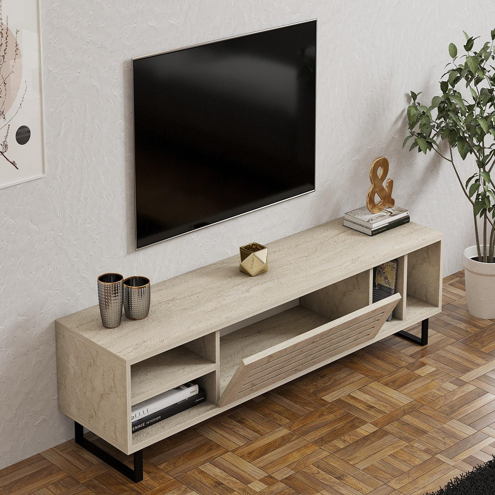 Voir la diapositive 4 : Habitat et Jardin Meuble tv en bois  safir  - 160 x 40 x 35 cm - travertin