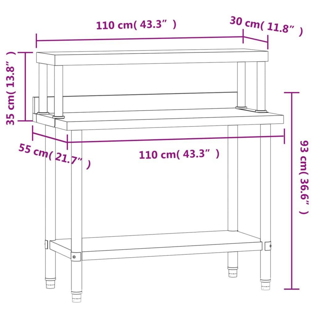 VIDAXL Table de travail de cuisine avec etagere 110x55x120 cm inox