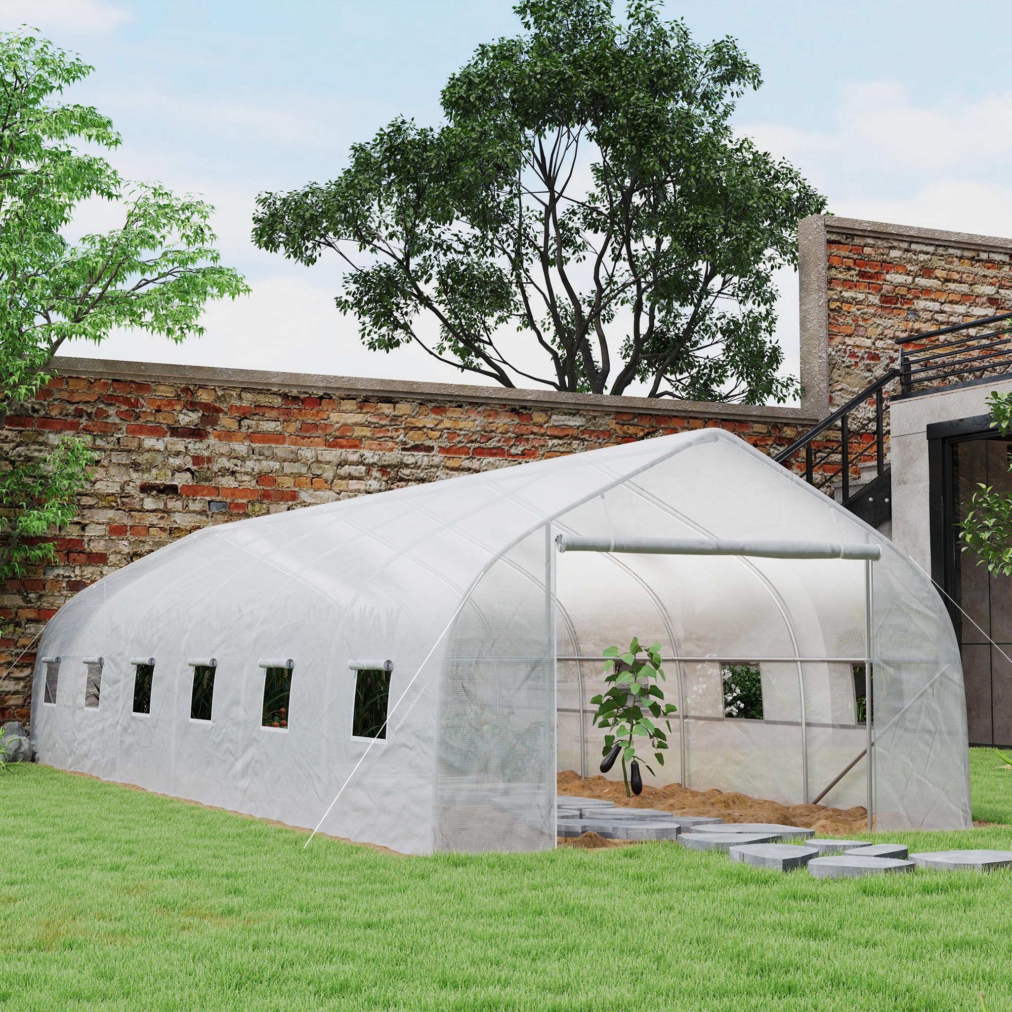 Voir la diapositive 4 : OUTSUNNY Serre tunnel grande taille 24 m² châssis tubulaire acier galvanisé renforcé 2,4 cm 12 fenêtres 1 porte blanc
