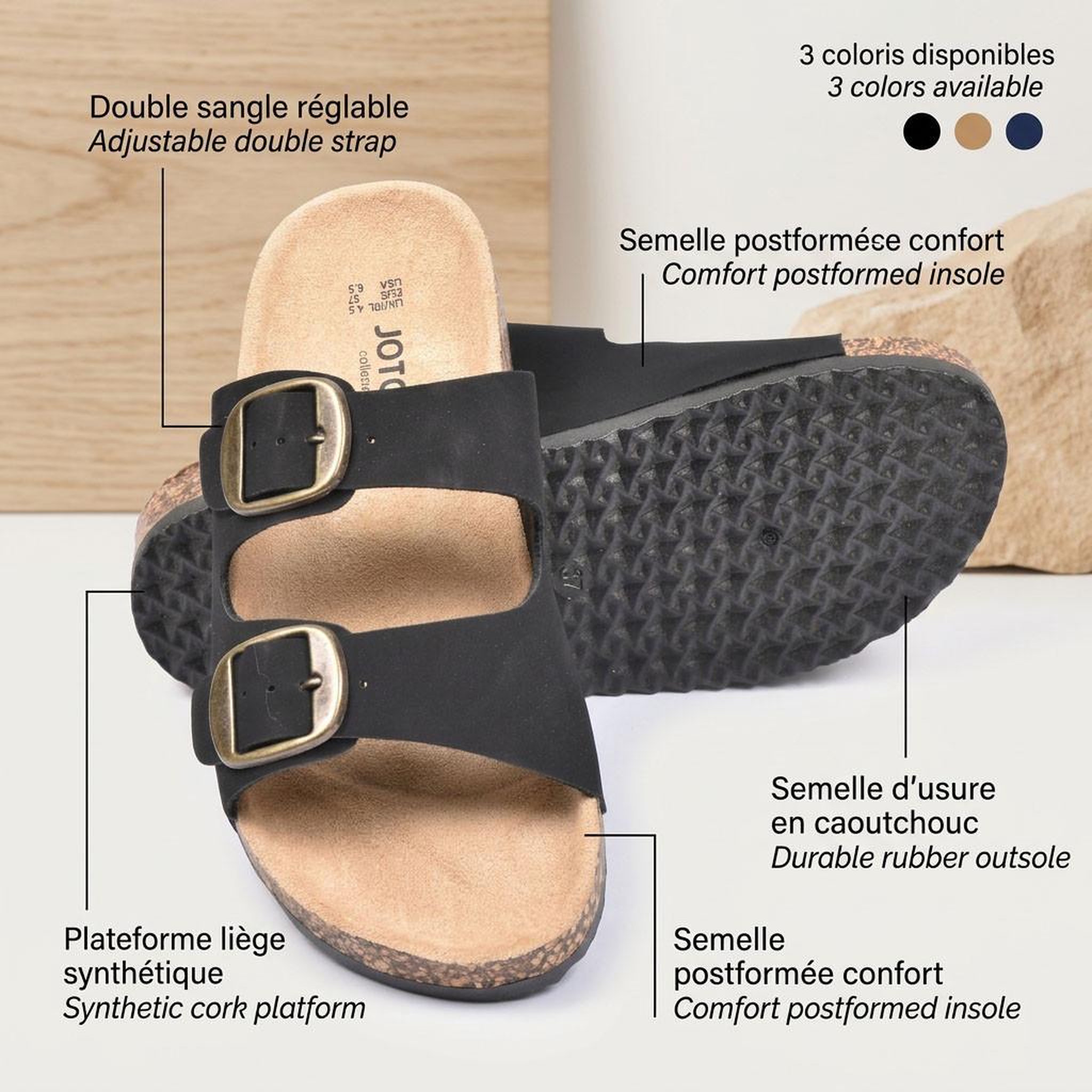 Voir la diapositive 4 : OZABI OZABI Sandales Mule 2 Boucles Nubuck Noir Beige Camel