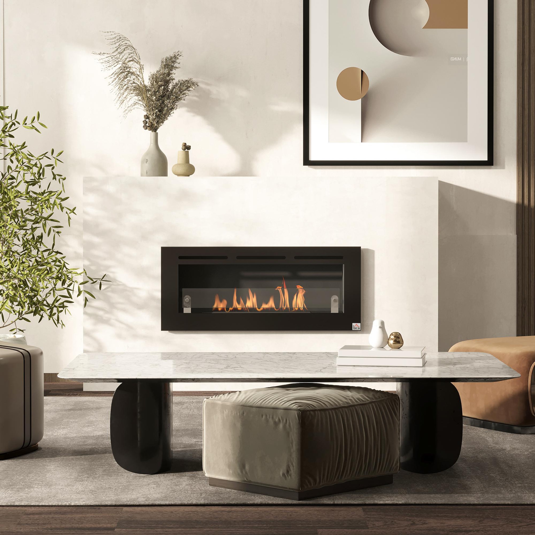 Voir la diapositive 2 : HOMCOM Cheminée bioéthanol murale design contemporain - réservoir 2,8 L couverture 30 m² - pare-feu verre trempé, kit fixation inclus - dim. 102L x 16l x 43H cm