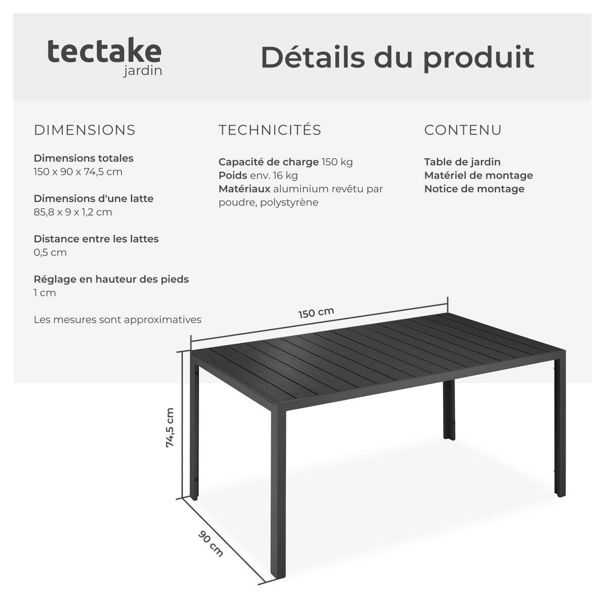 tectake Table de jardin en aluminium et plastique noir/noir