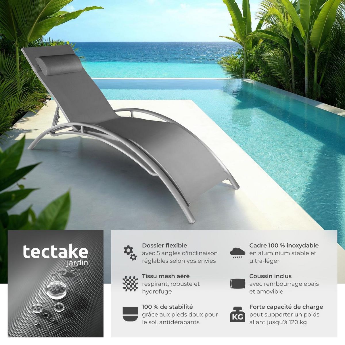 tectake Lot de 2 transats de jardin en acier avec assise en textilène gris