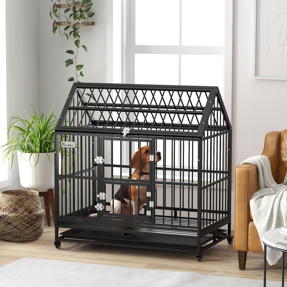 PAWHUT Cage chien grande taille sur roulettes - 2 portes verrouillables, plateau amovible - acier noir