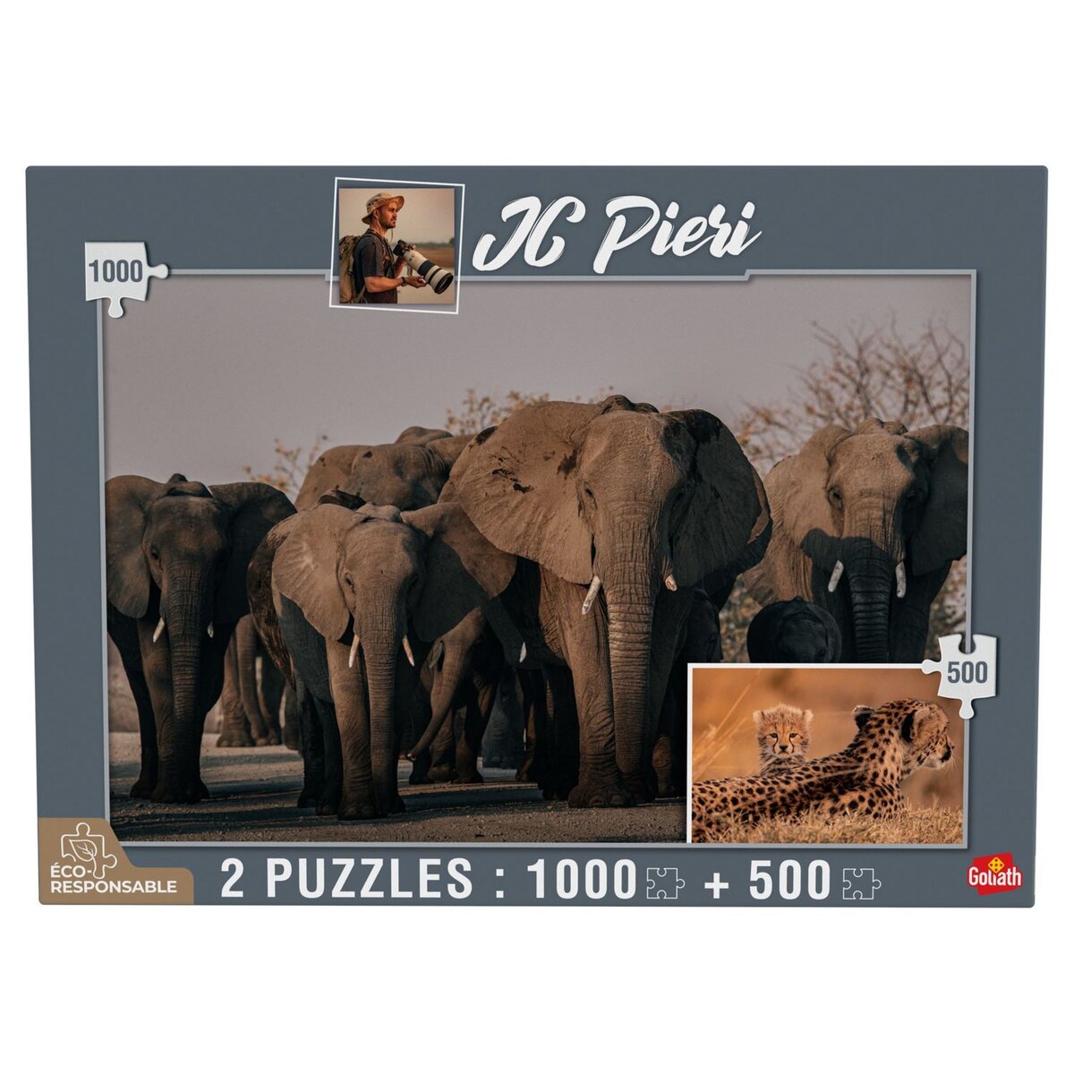 GOLIATH Puzzles 1000 et 500 pièces - JC Pieri Eléphants (Namibie) et Guépardeau (Zambie)