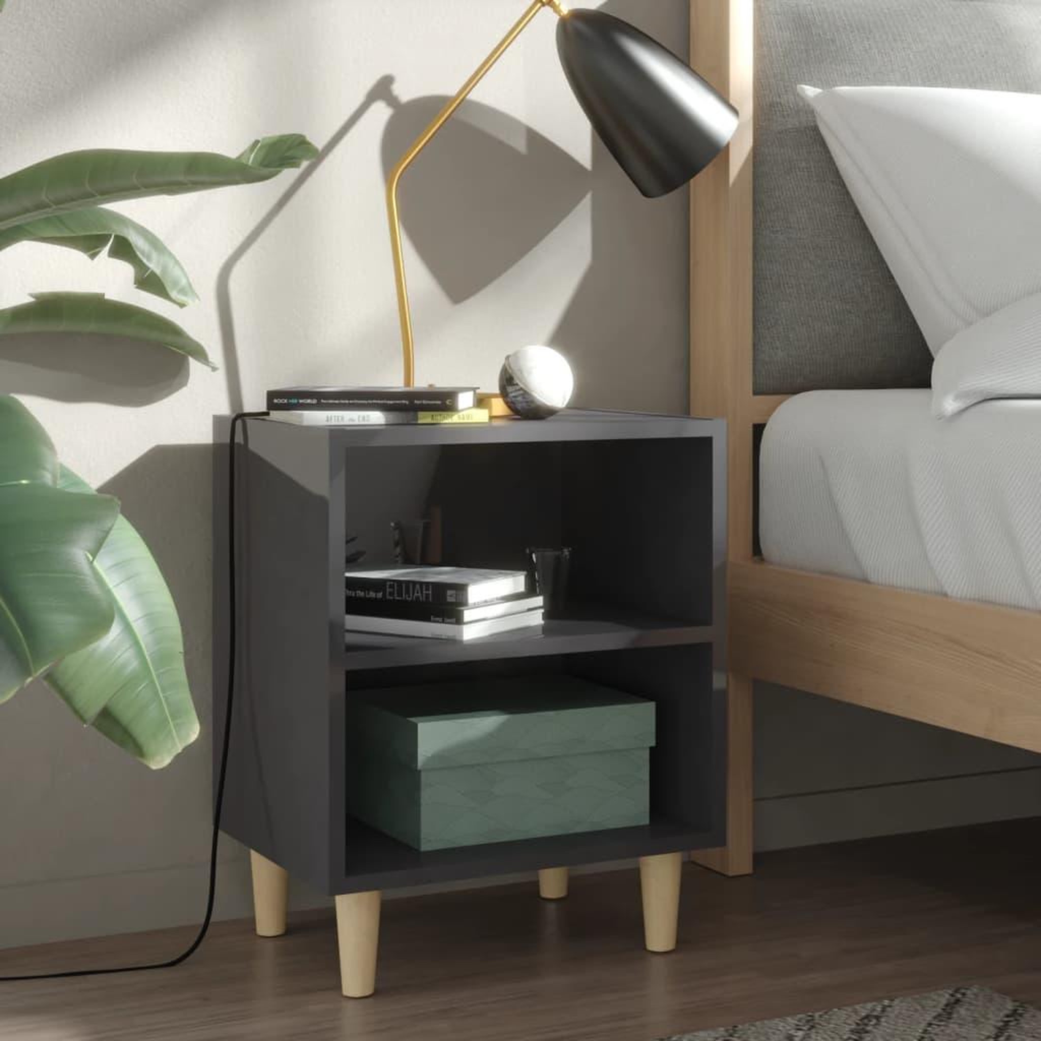 Voir la diapositive 1 : VIDAXL Table de chevet avec pieds en bois Gris brillant 40x30x50 cm