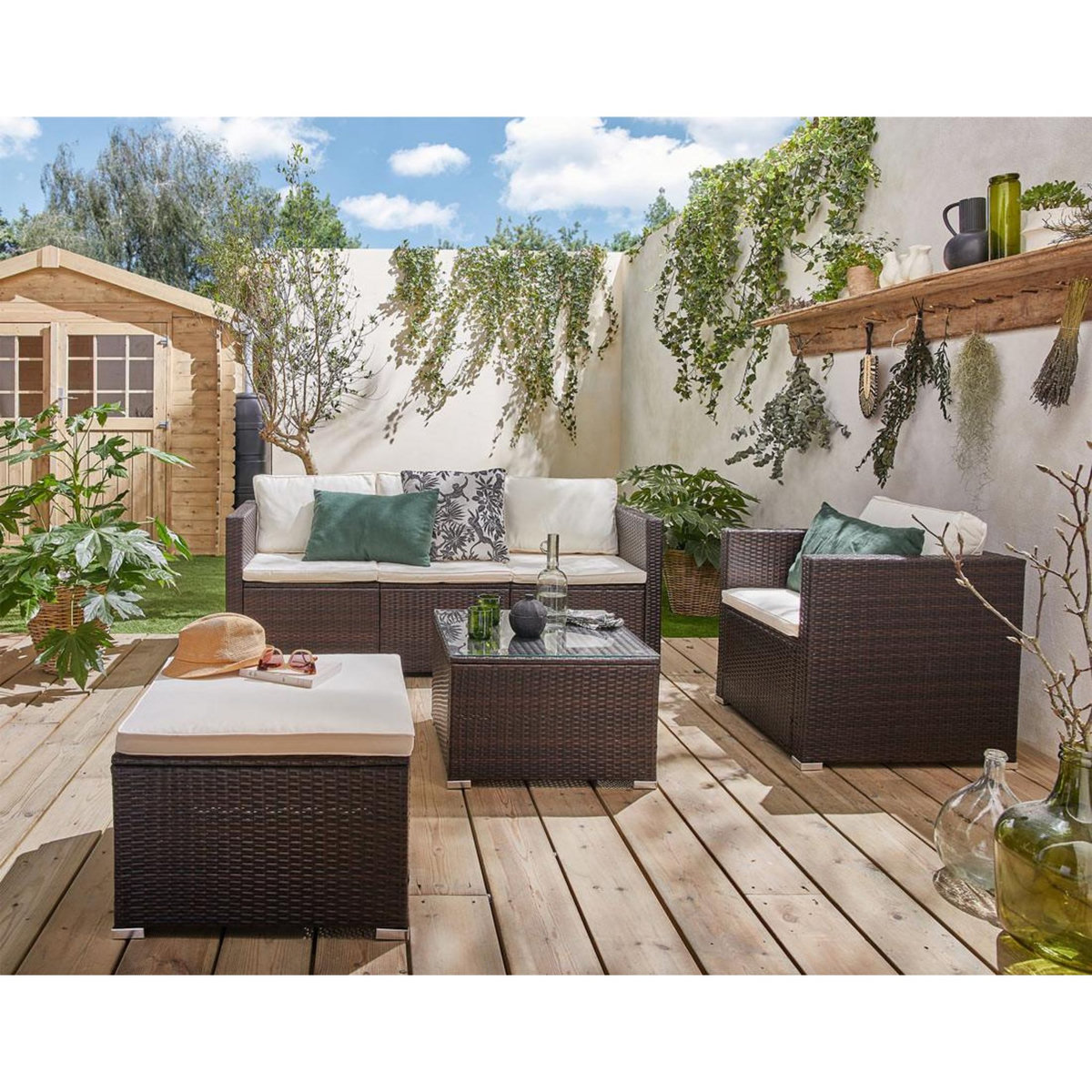 BEST MOBILIER Wanaka - salon bas de jardin 5 places - résine tressée et coussins beiges