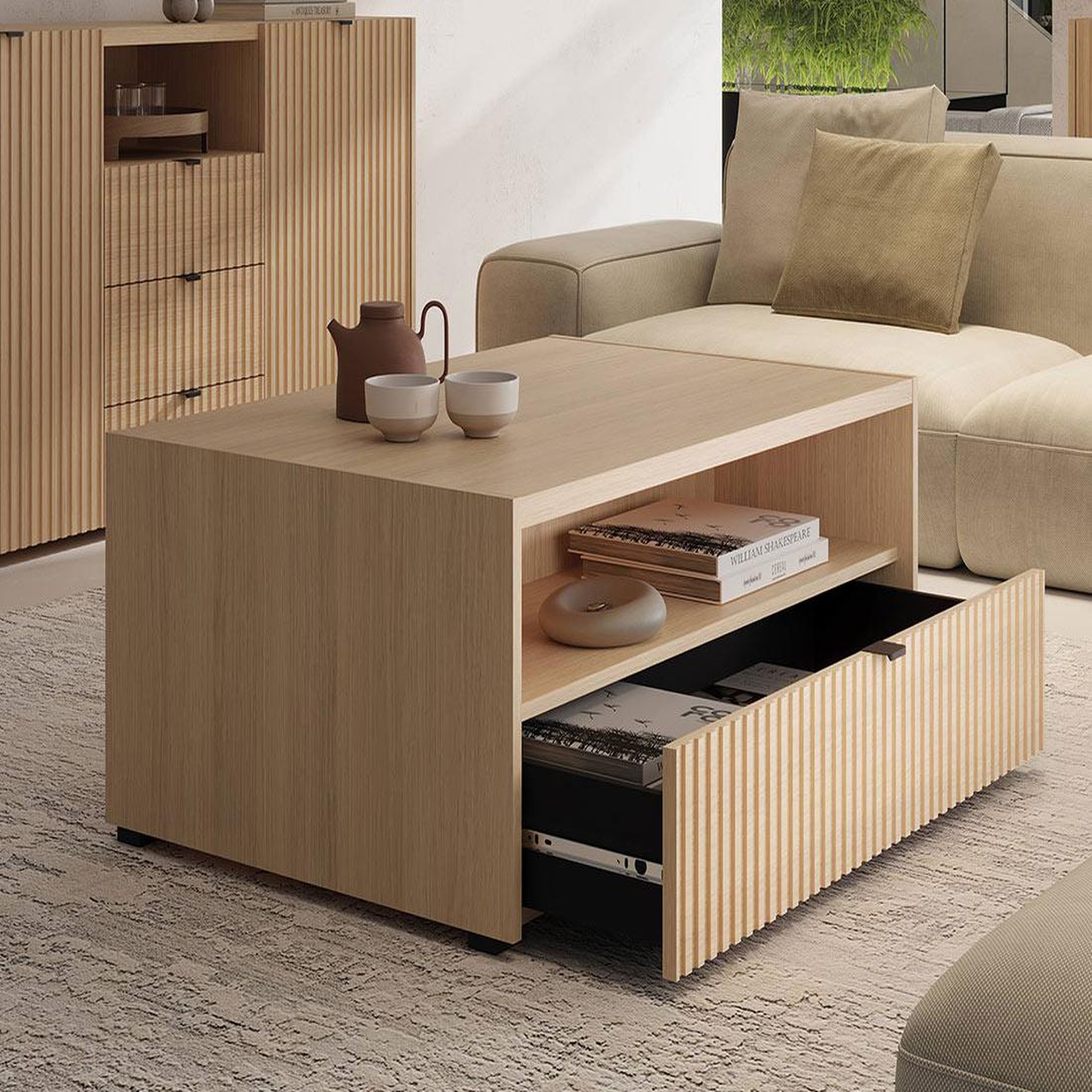 Voir la diapositive 2 : BEST MOBILIER Judy - table basse 100 cm - effet bois - 1 tiroir et 1 niche