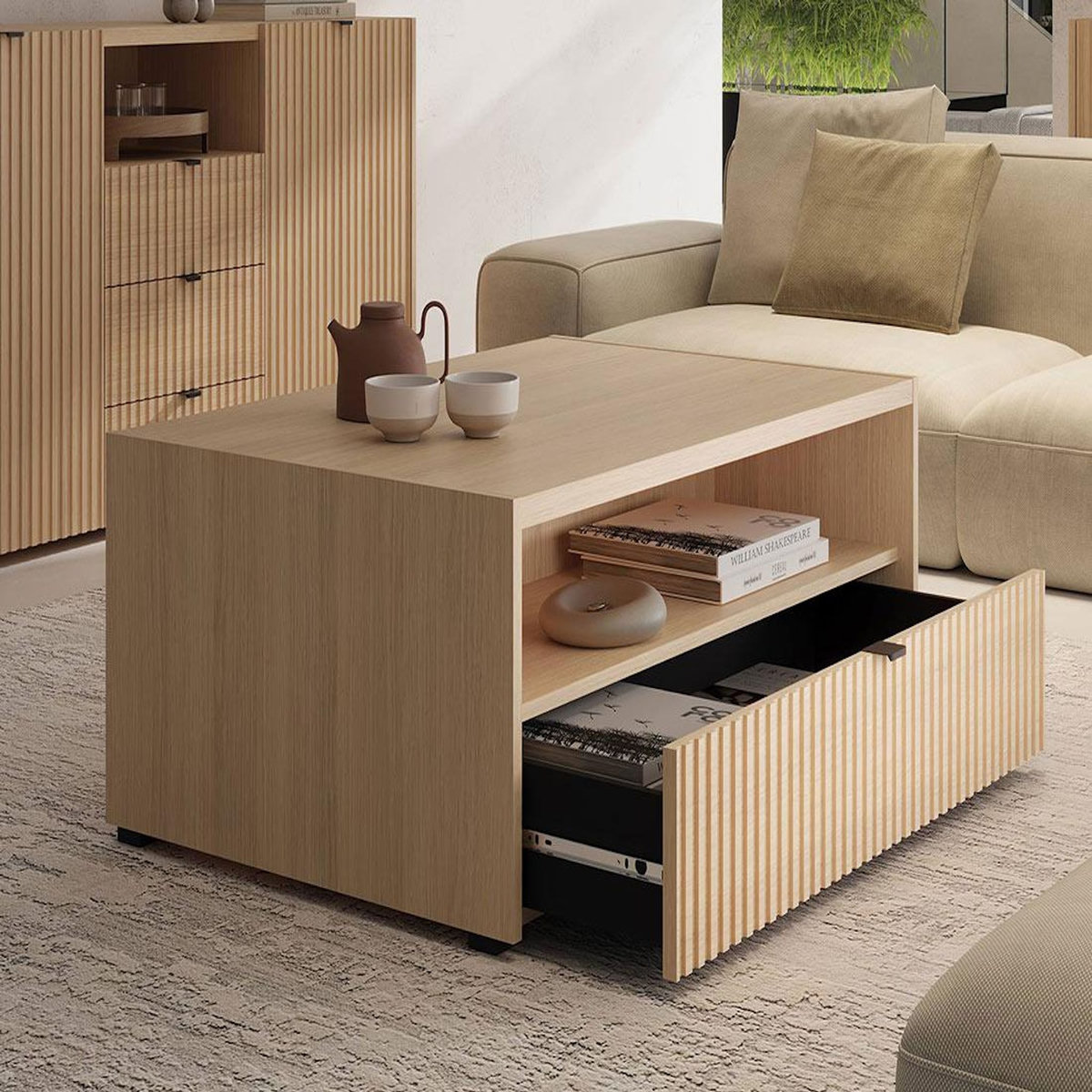 BEST MOBILIER Judy - table basse 100 cm - effet bois - 1 tiroir et 1 niche