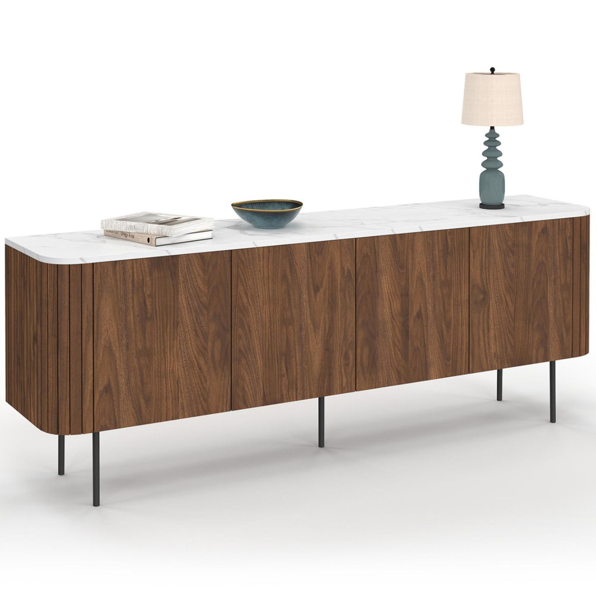 ID MARKET Buffet bas 160 cm marla 4 portes effet noyer et lattes et plateau marbre blanc alaska