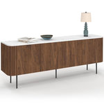ID MARKET Buffet bas 160 cm MARLA 4 portes effet noyer et lattes et plateau marbre blanc ALASKA