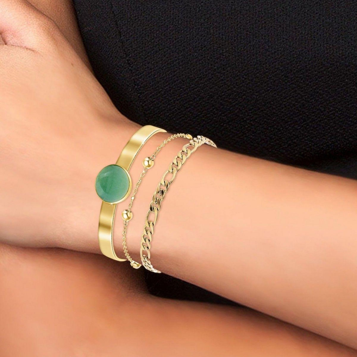 SC BOHEME Lot de 3 bracelets SC Bohème en Laiton Finement doré orné d'une Malachite