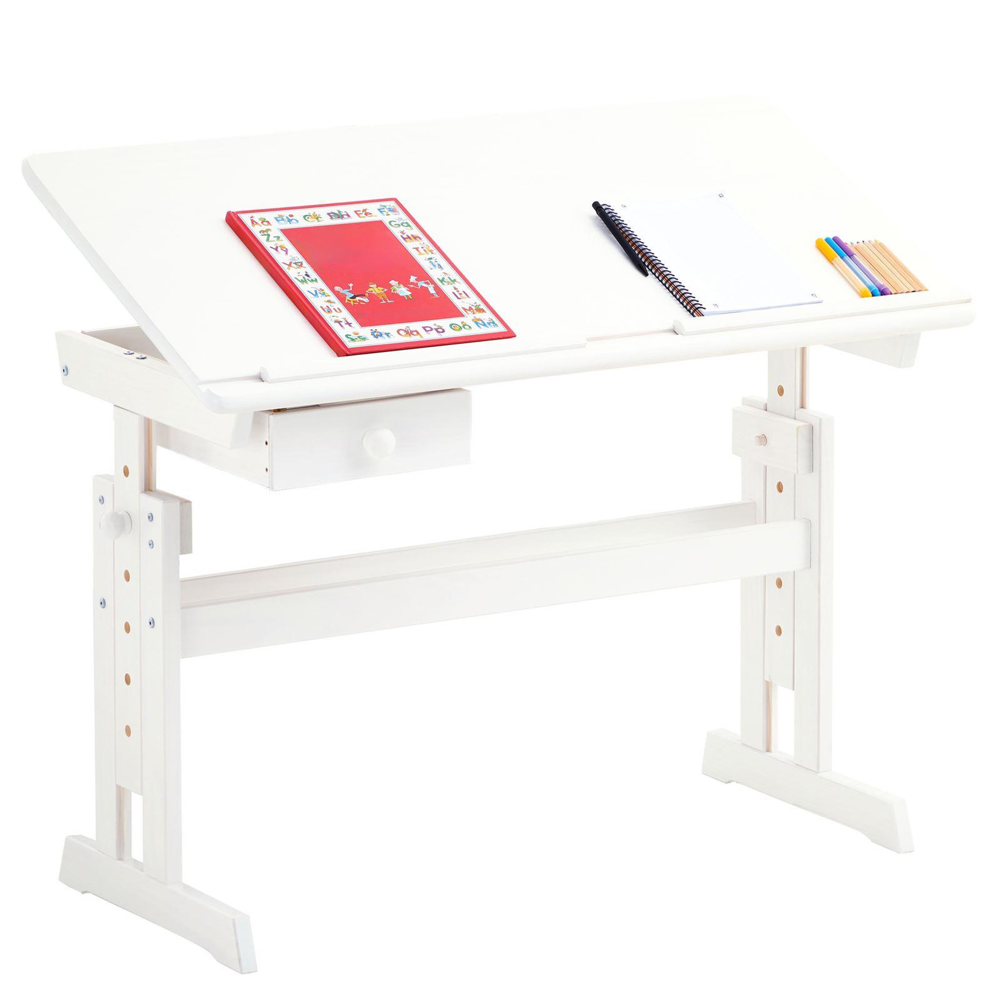 Voir la diapositive 1 : IDIMEX Bureau enfant écolier junior FLEXI table à dessin réglable en hauteur et pupitre inclinable avec 1 tiroir en pin massif lasuré blanc