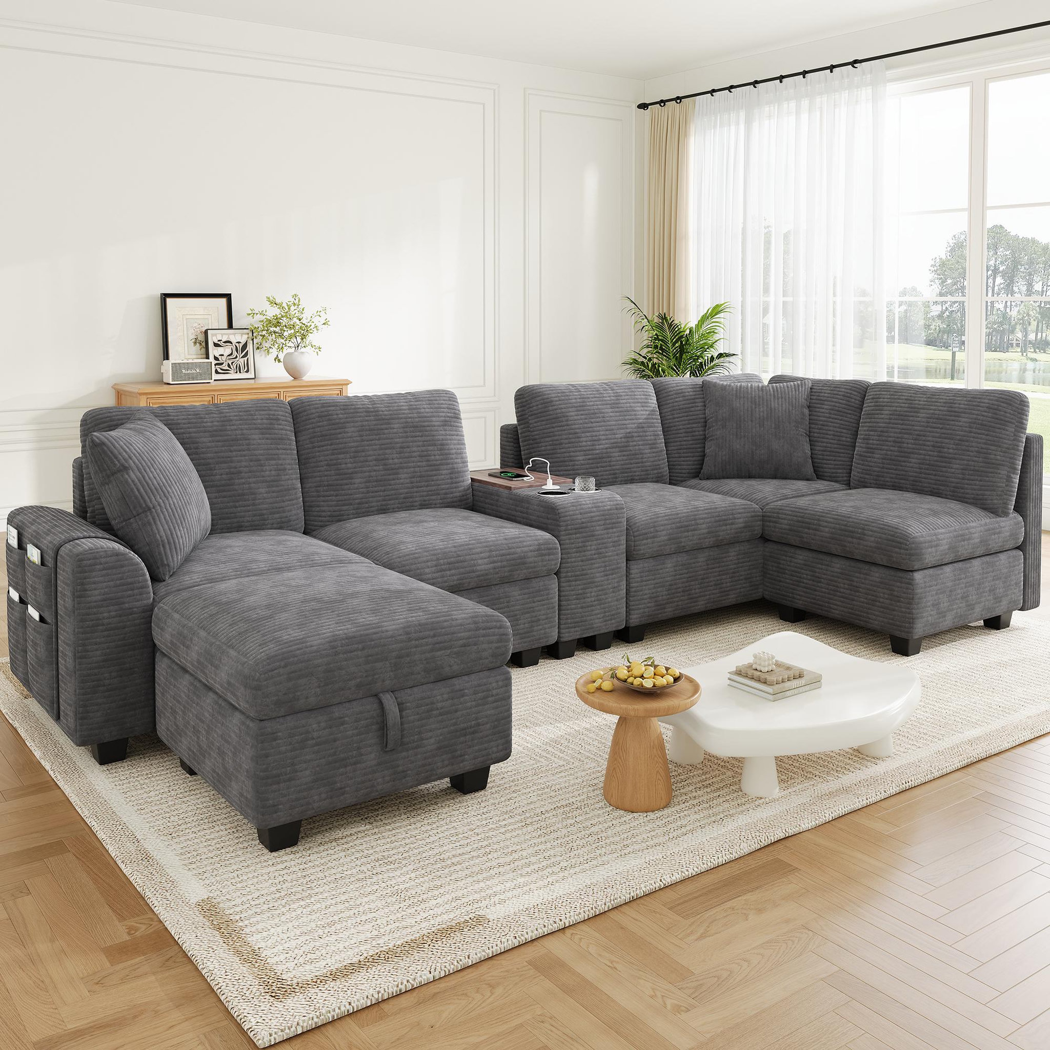 Voir la diapositive 2 : MERAX Canapé d'angle modulable u/l 6 places avec console usb tissu côtelé