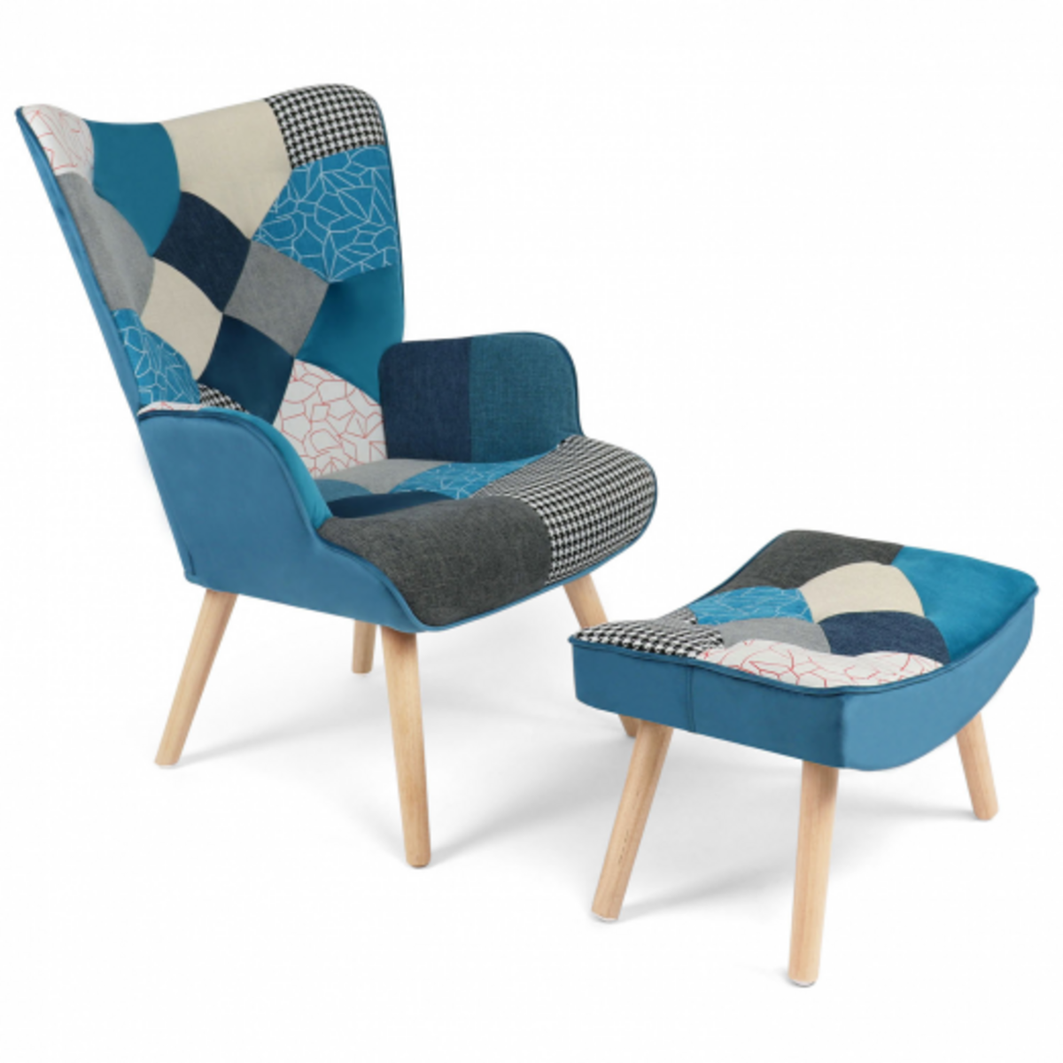 ID MARKET Fauteuil scandinave IVAR avec repose pieds en tissu patchwork et velours bleu