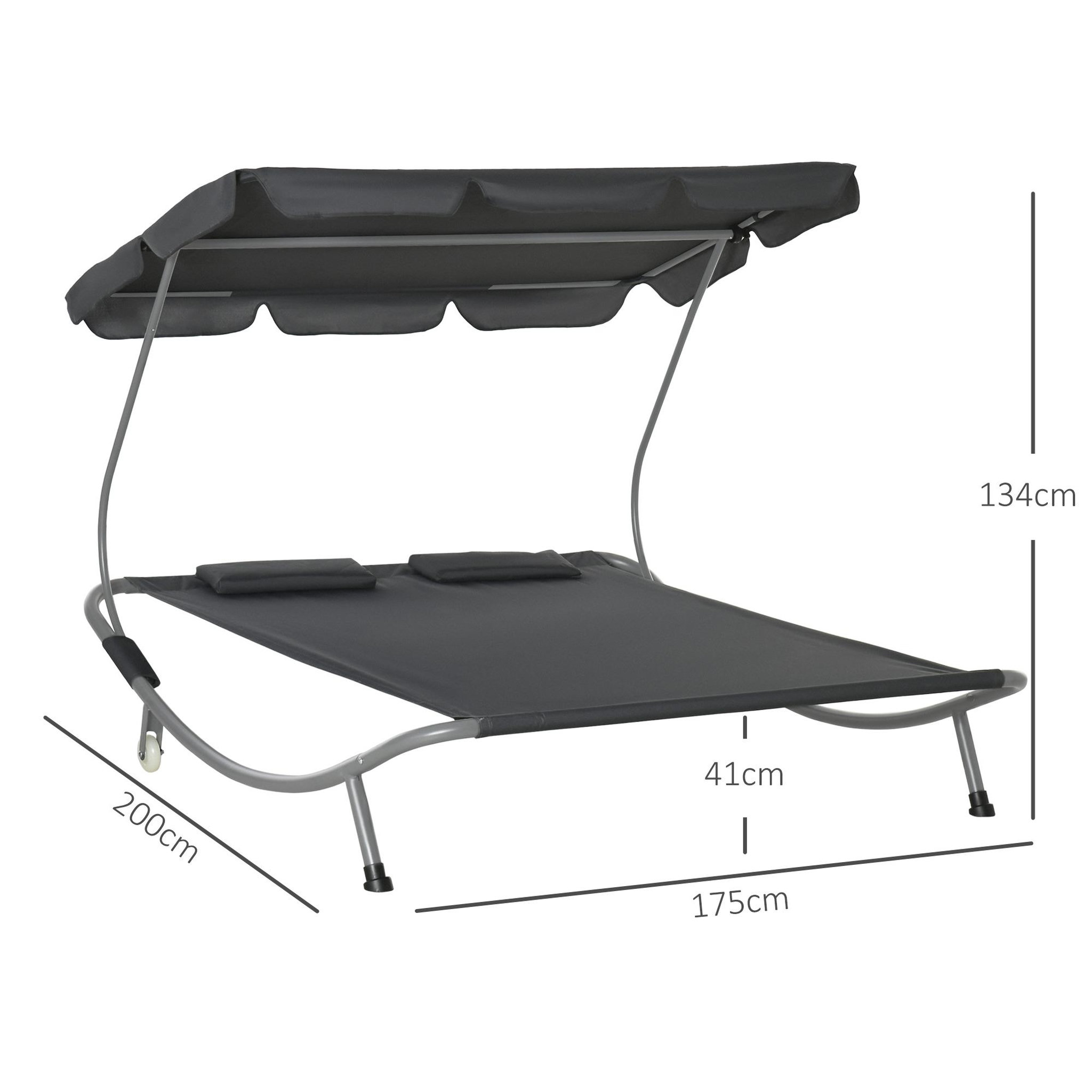Voir la diapositive 3 : OUTSUNNY Bain de soleil 2 places lit de jardin design contemporain toit réglable 2 roulettes 2 oreillers acier époxy polyester gris