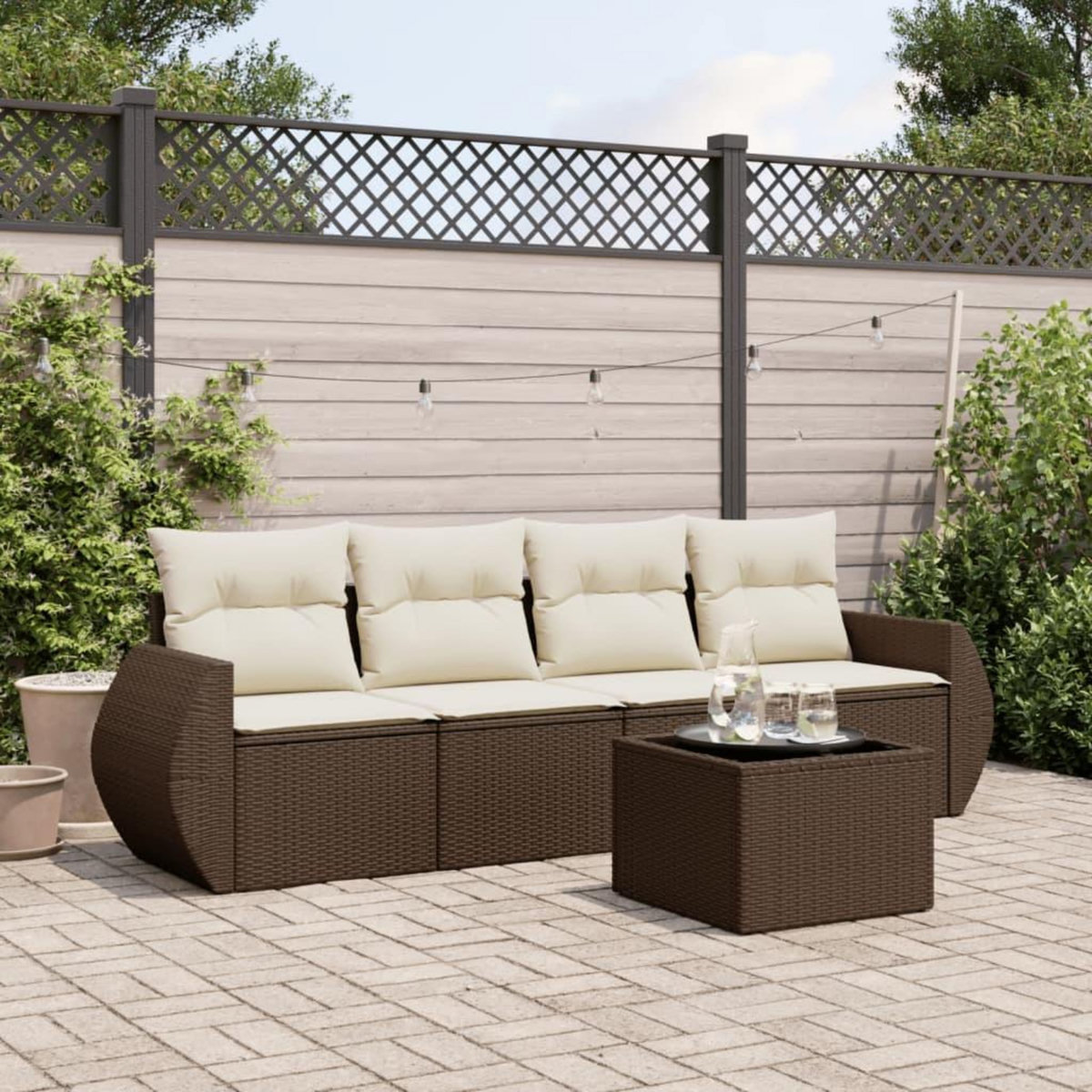 VIDAXL Salon de jardin avec coussins 5 pcs marron resine tressee