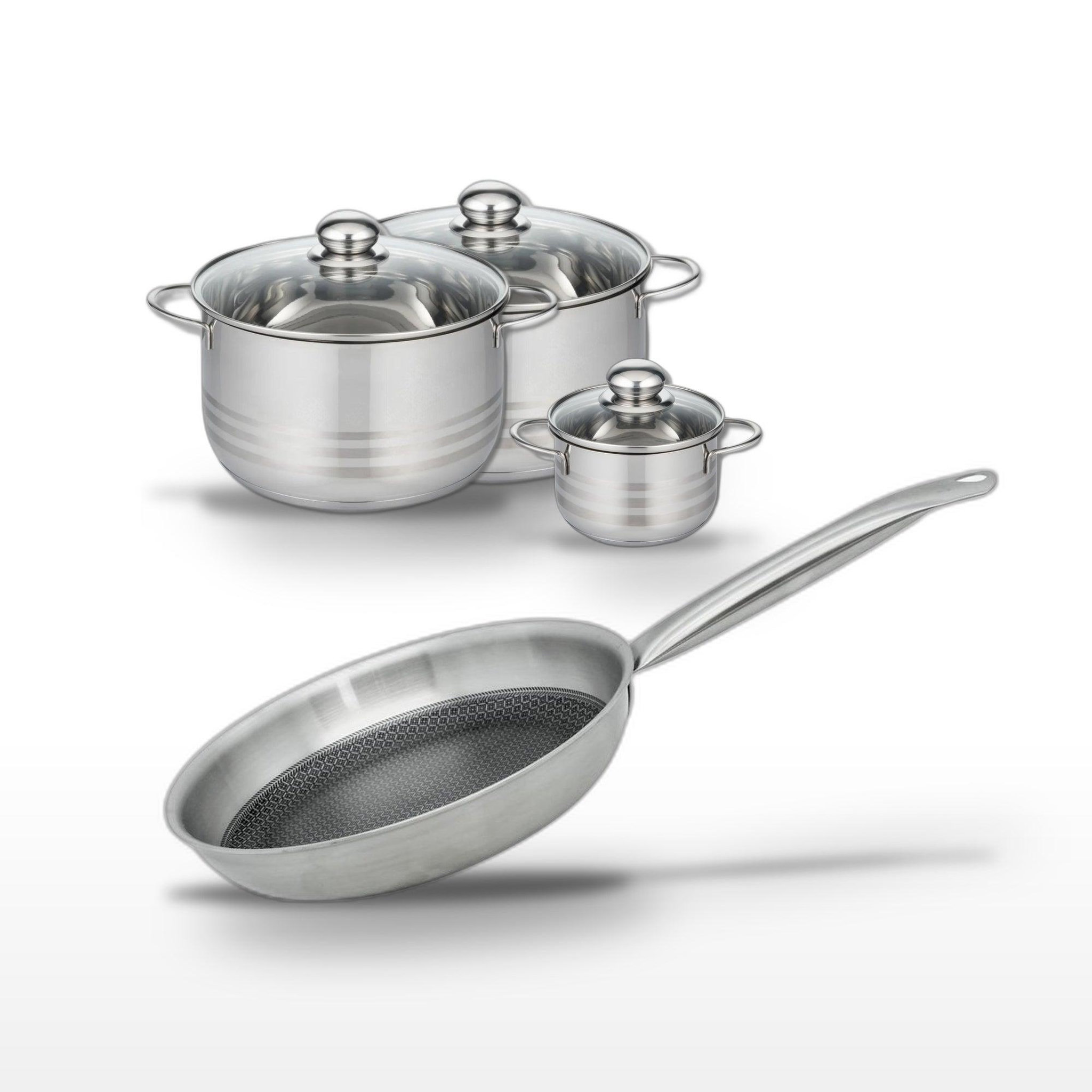 ELO Batterie de cuisine set de casseroles et poêles avec poêle 28 cm et faitouts 12/20/24 cm en acier inoxydable et aluminium elo collection relief solution brillant