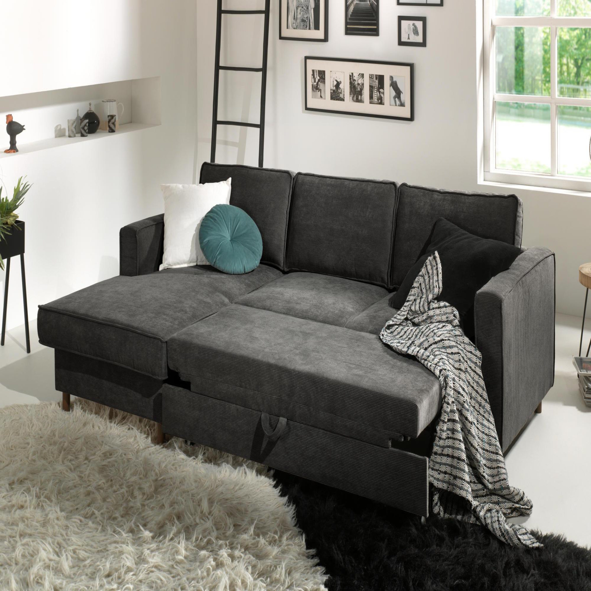 Voir la diapositive 2 : BEST MOBILIER Jake - canapé d'angle gauche - convertible avec coffre - 4 places - en velours côtelé