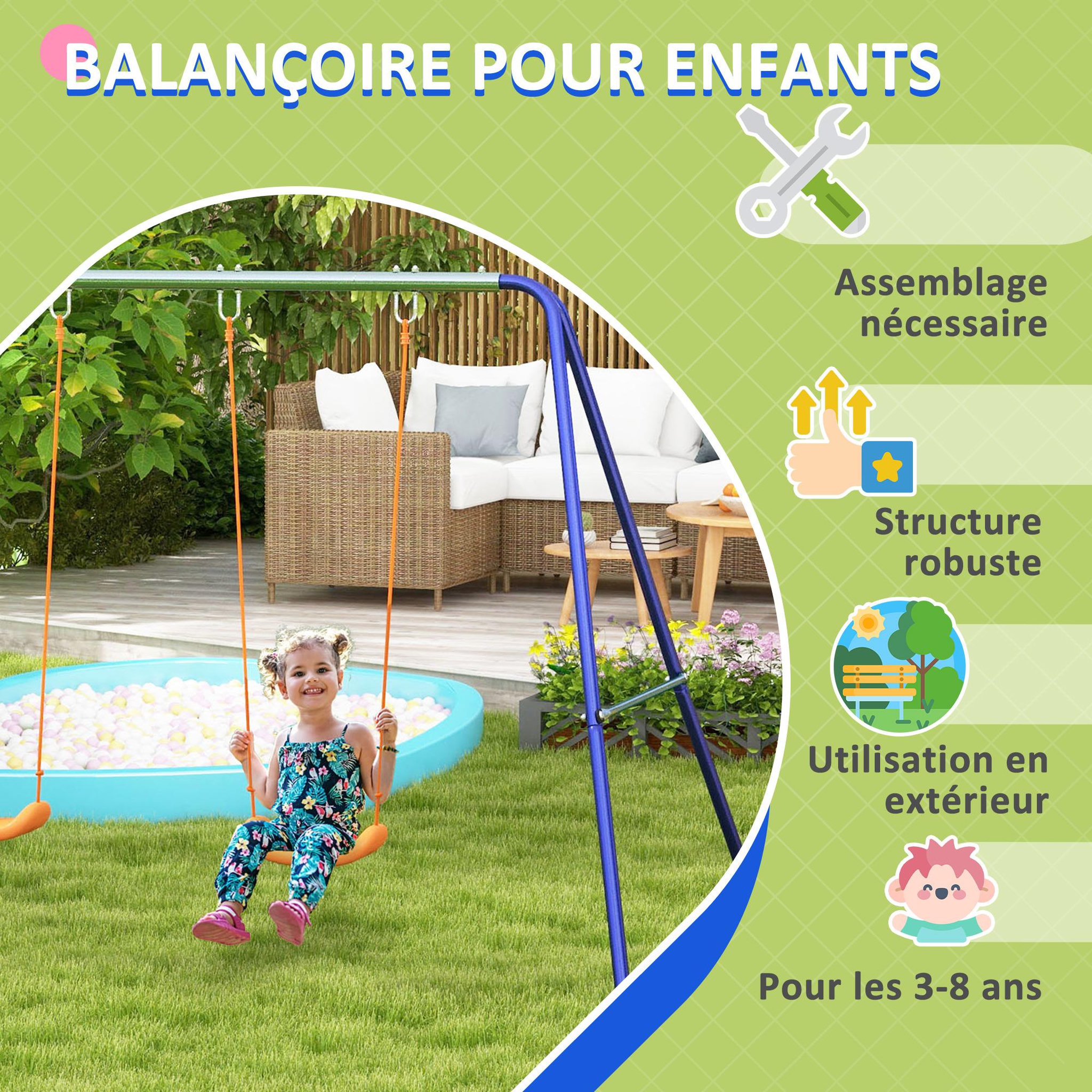 Voir la diapositive 4 : OUTSUNNY Balançoire 2 agrès portique avec 2 balançoires dim. 2,69L x 1,6l x 1,8H m métal époxy anticorrosion vert bleu PP orange